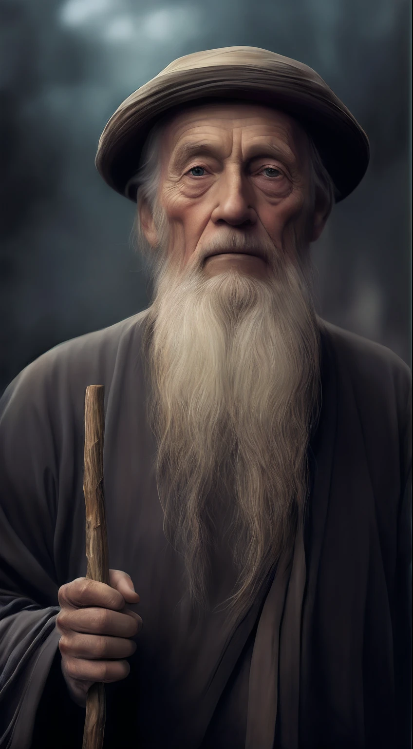 with a long beard,Ancient man wearing a hat and holding a stick, Realistic digital painting, realistic digital painting, Wise old man, # 1 digital paintting of all time, #1 digital paintting of all time, hyper realistic digital painting, stunning digital painting, An old man, old man portrait, smooth. Digital painting, very detailed digital painting