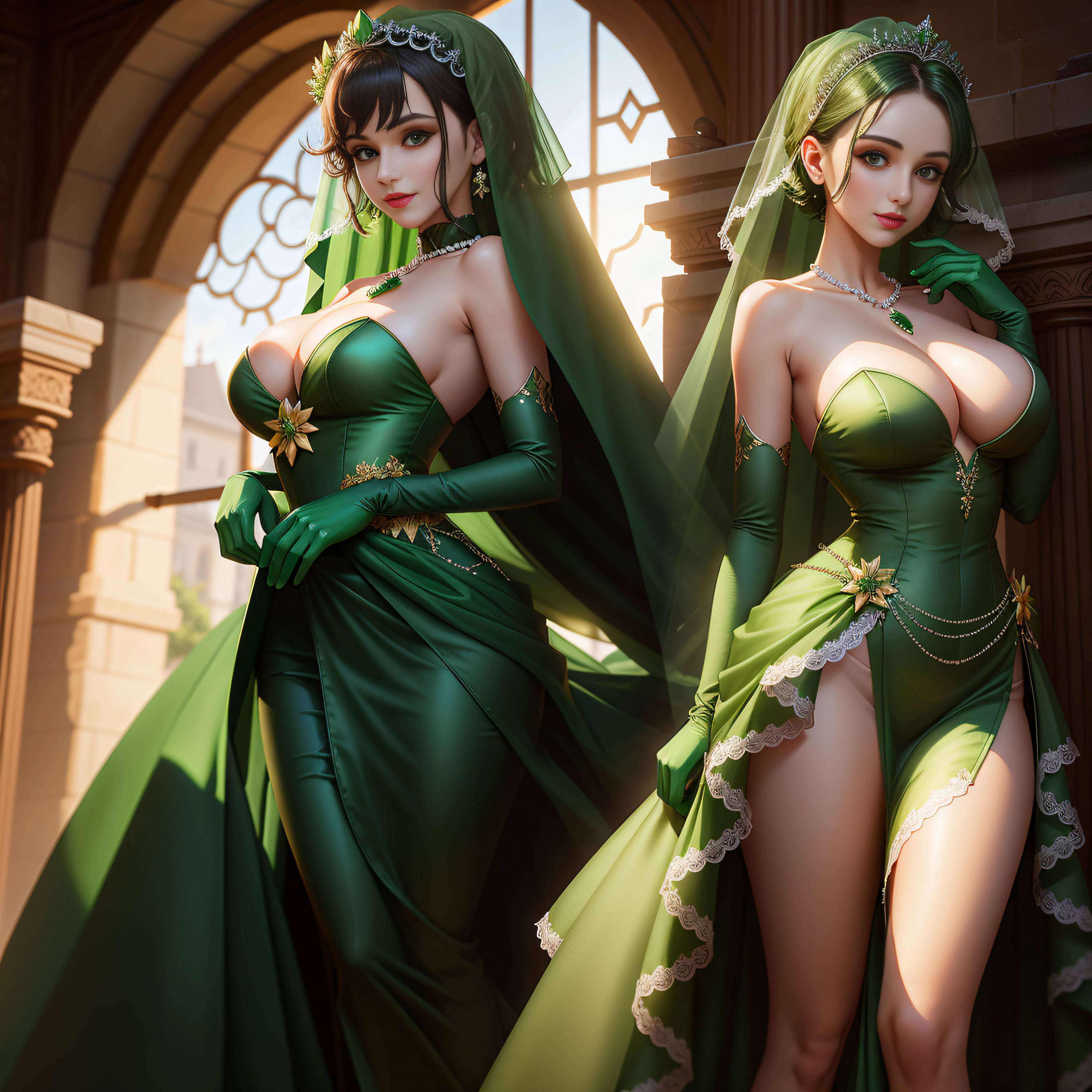 Green Dress Flower Cleanser,Sense of atmosphere, best qualtiy,tmasterpiece,1girll,30-years old,Green dress,Daytime Church,full body Esbian, Green gloves,With short green hair,big breasts beautiful,looking at viewert,ssmile,Green Bridal Veil,Green Long Grove,Satin green long gloves, lipsticks, Green Pearl Necklace、Green gloves, Green short hair, Green Pearl Necklace, Green tiara, Emerald tiara