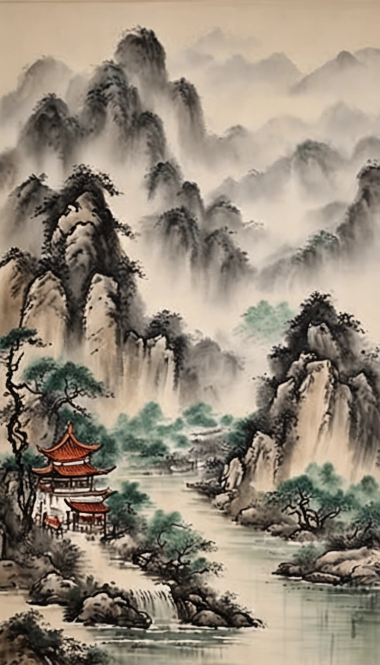 A painting of mountains with rivers and villages, Chinese painting style, inspired by Huang Binhong, Traditional Chinese Ink Painting, Chinese ink painting, Traditional Chinese painting, Traditional Chinese art, inspired by Zhang Shunzi, Chinese landscape, China ink painting, Chinese painting, inspired by Wang Shishen, Inspired by Zhang Daqian