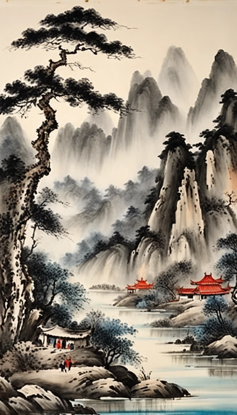 A painting of mountains with rivers and villages, Chinese painting style, inspired by Huang Binhong, Traditional Chinese Ink Painting, Chinese ink painting, Traditional Chinese painting, Traditional Chinese art, inspired by Zhang Shunzi, Chinese landscape, China ink painting, Chinese painting, inspired by Wang Shishen, Inspired by Zhang Daqian