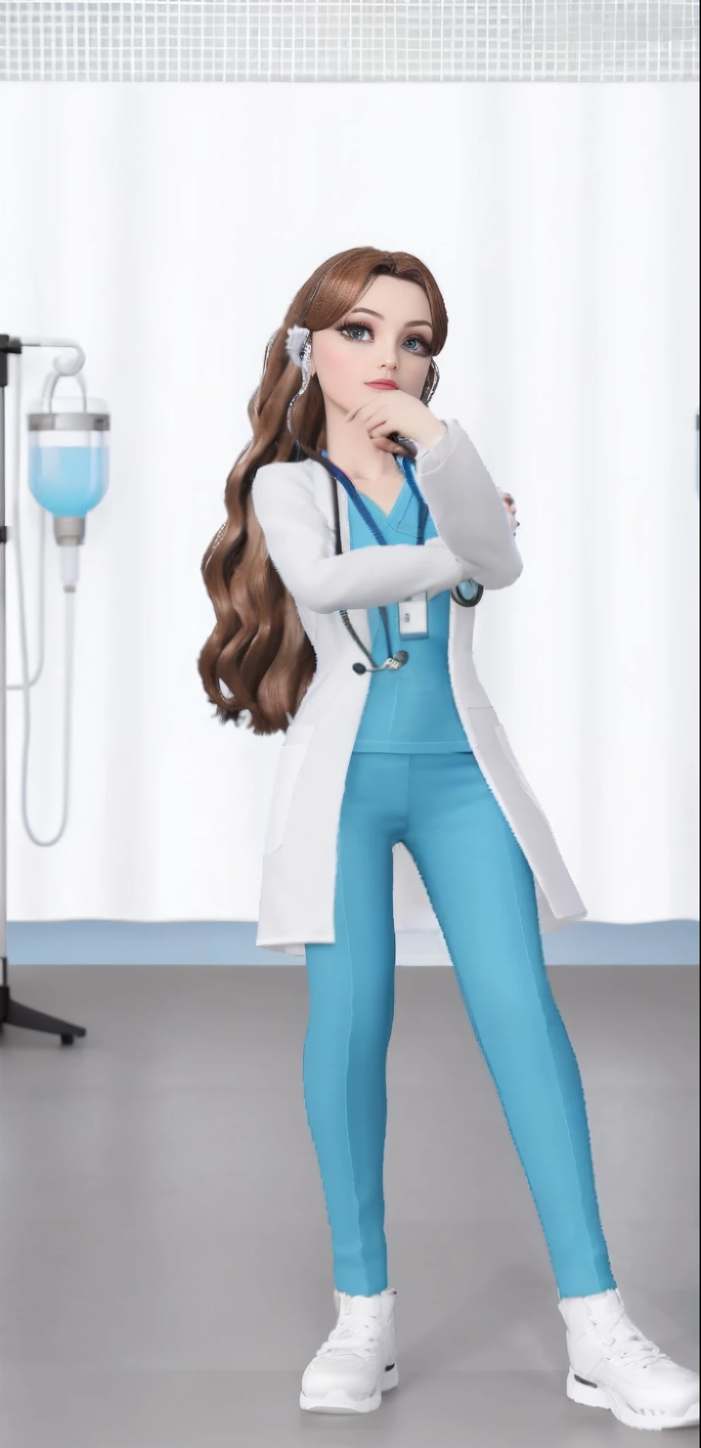 Fac equal to attached image of a woman in a hospital room with a stethoscope, medic, (medic), com jaleco, medic, vestindo jaleco e blusa, inspirado pelo Dr.. Atl, surgical gown and scrubs on, menina enfermeira, vestindo um vestido hospitalar branco, usando jaleco, inspirado em Claire Falkenstein, Inspirado em Doc Hammer, alta qualidade profissional fotografia, melhorar qualidade existente, olhos azuis, seios grandes, melhor detalhado personagem 3d,4D human appearance, textura da pele humana, realista, olhos azuis