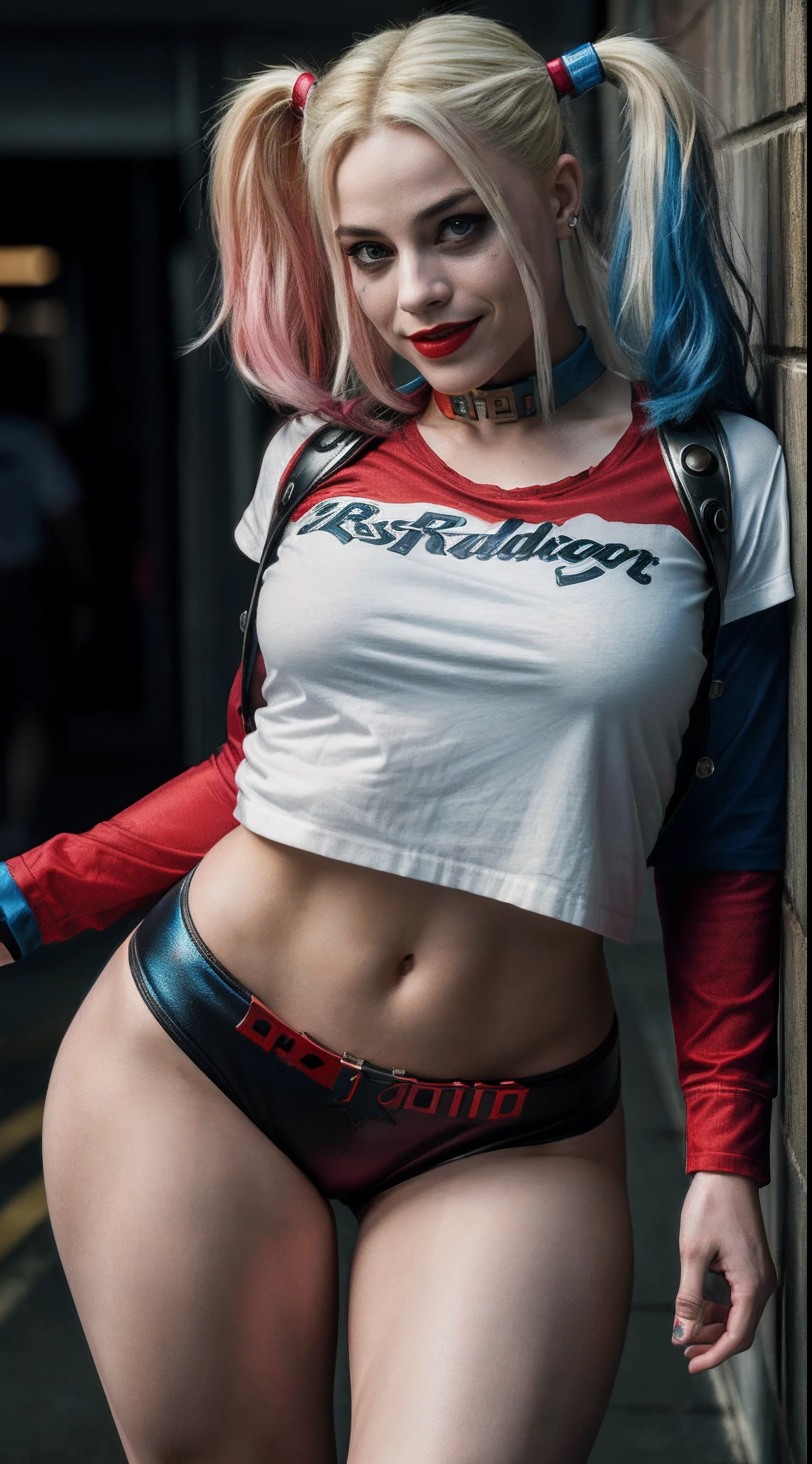 (8k, RAW photo, best quality, masterpiece:1.2), ultra detailed, official art, full-body shot, photo-realistic:1.37, petite, nipple visible through shirt, DC Harley Quinn, film grain, Dynamic pose, large chested, thick thighs, shot focused on her chest