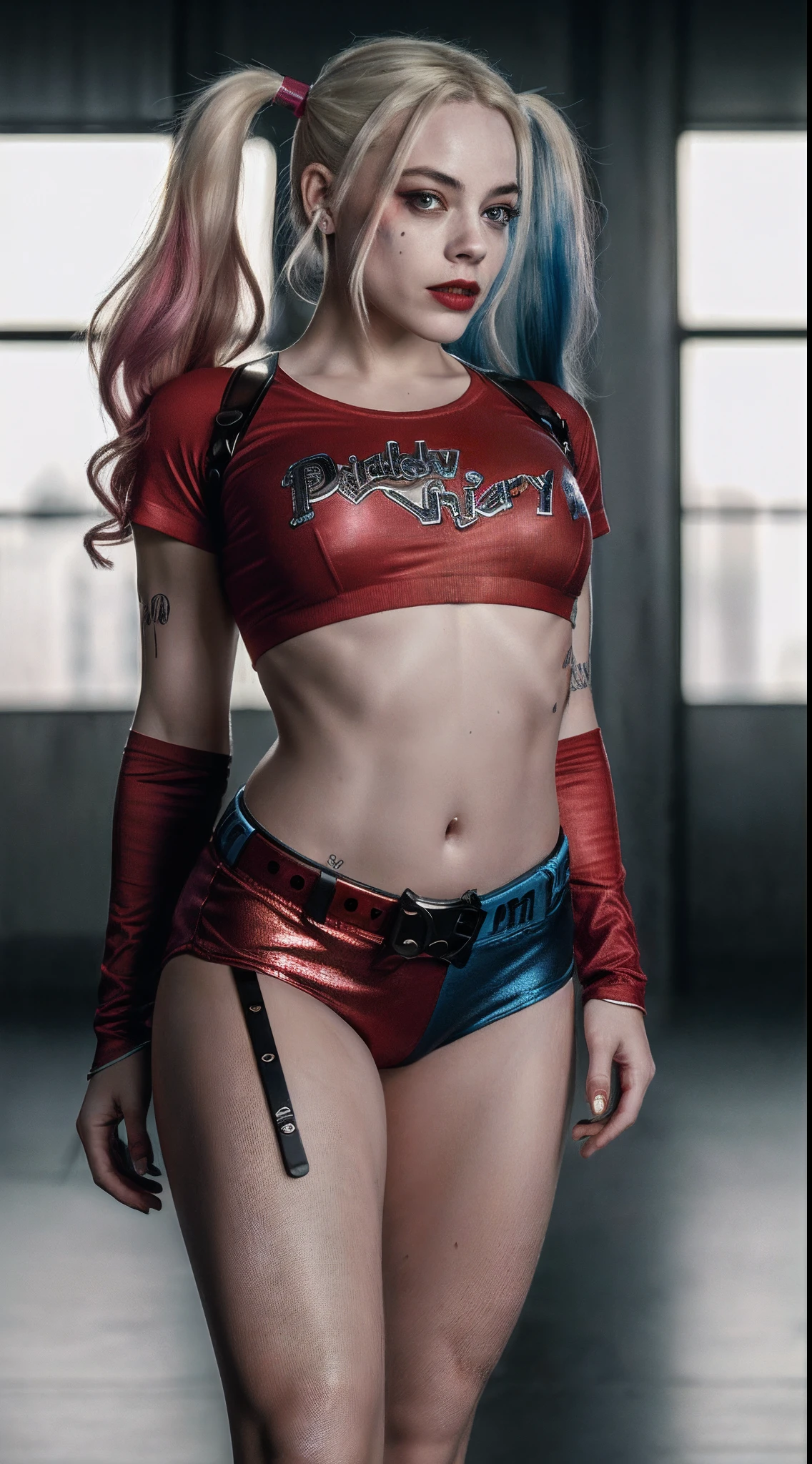 (8k, RAW photo, best quality, masterpiece:1.2), ultra detailed, official art, full-body shot, photo-realistic:1.37, petite, nipple visible through shirt, DC Harley Quinn, film grain, Dynamic pose, large chested, thick thighs, shot focused on her chest