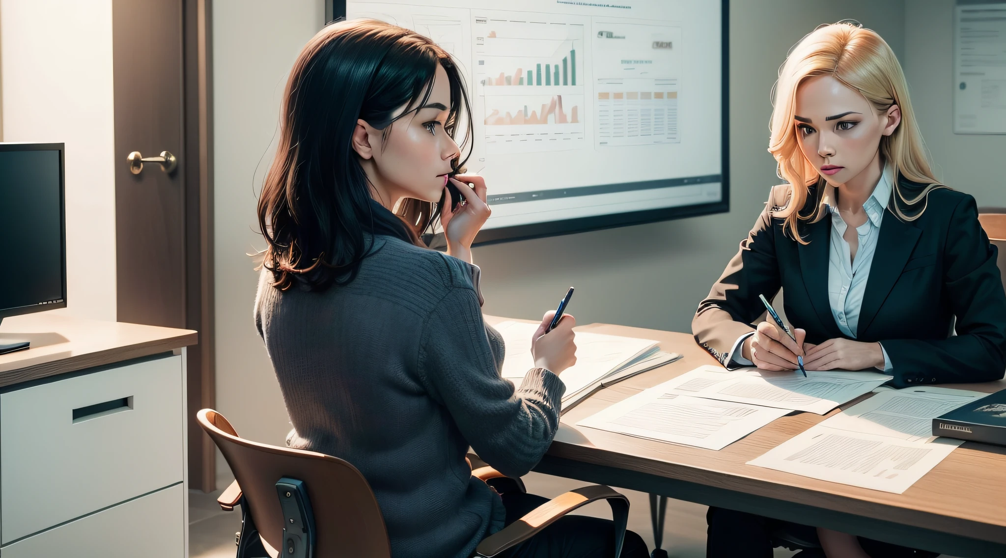 The image depicts a scene that illustrates the influence of an active and resilient mental approach on financial success.
In the scene, there are two figures in contrasting positions. In the left part of the image, there is a person sitting in a chair with a discouraged expression. She is surrounded by papers and financial charts that look complicated and confusing. Her posture is relaxed, suggesting a passive attitude. This symbolizes a lack of active involvement in the pursuit of financial success.
In the right part of the image, there is another person standing, looking at a whiteboard full of financial calculations and notes. The person is holding a pen and is visibly concentrated. Her facial expression is determined and confident. This represents an active, engaged mental approach to the pursuit of financial success.
In the background, there is an organized and professional work environment, with computers, books and other finance-related materials. The lighting is directed to highlight the figures and details of the scenery. The color palette is balanced, with tones that reflect the seriousness and depth of the scene.
There are no visual distractions in the image, keeping the focus on the figures and the representation of different mental approaches.
In summary, the simple and straightforward image features two scenes that illustrate the influence of an active and resilient mental approach on financial success. It captures the difference between a passive attitude and an engaged approach to the pursuit of financial success, as emphasized by Carol Dweck.