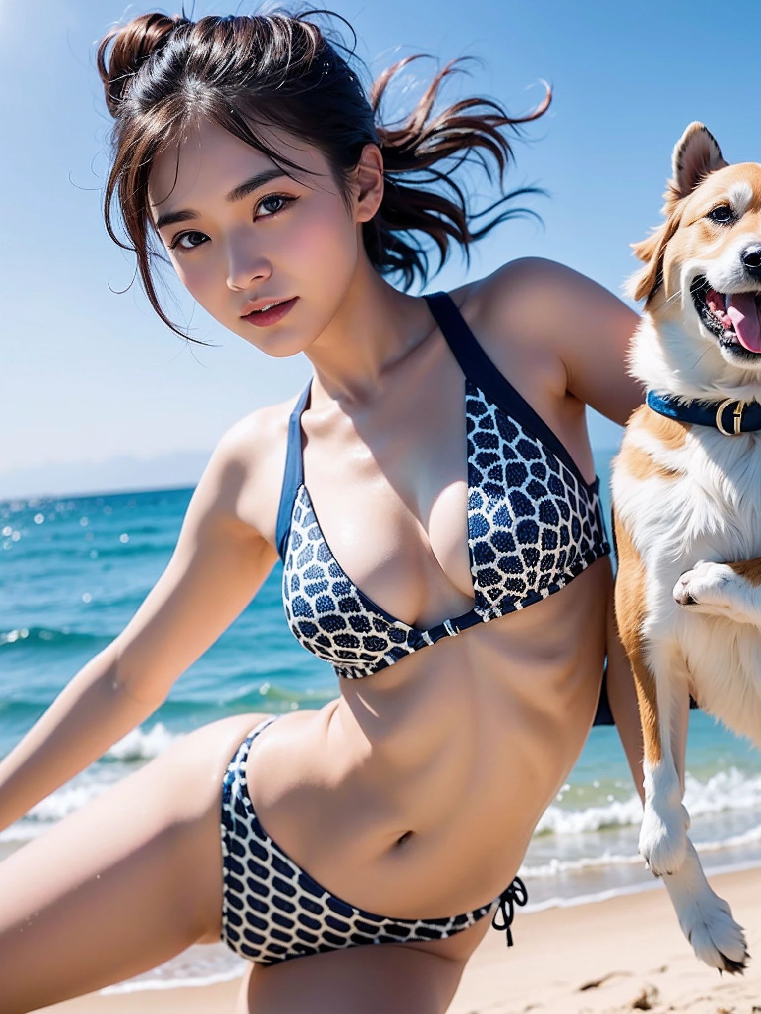 8K、Top image quality、​masterpiece、19-year-old woman、Running side by side with dogs on the sandy beach、a closeup、Smaller chest、Swimsuit with dot pattern、Dalmatian、Frolic with the dog、Cinematic lighting、foco nítido