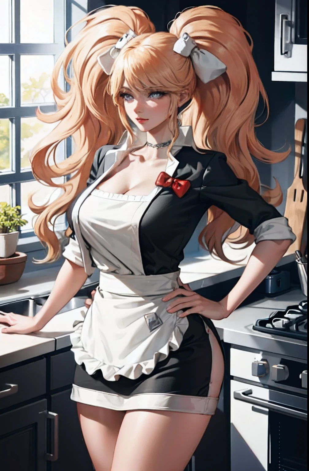 (hyperrealistic), (illustration), (high resolution), (8K), (extremely detailed), (best illustration), (beautiful detailed eyes), (best quality), (super detailed), (masterpiece), ( wallpaper), (detailed face), solo, (dynamic pose), 1 girl, black wavy hair in the kitchen, korean, heterochromic eyes, small moles under the eyes, ((apron), very huge breasts, white less cloth transparent mini shirt, white transparent thong, open legs, Vaginal discharge with flowing fluids, sexual arousal, sexual expression, shiny skin. Long legs, tight abs, (camel toe), (no panties), (no bra)