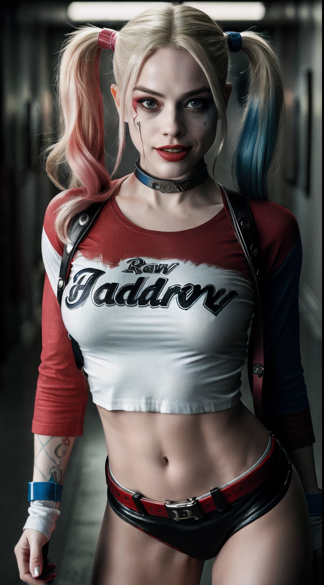 Harley Quinn wearing a skimpy miniskirt outfit, beautiful girl, nsfw, thick thighs, busty, cleavage, not safe for work, nipples, perfect vagina, trimmed pussy hair, thick pubic hair, dark inspired makeup, able to see nipples & pussy through clothing, stripclub background, sexy pose