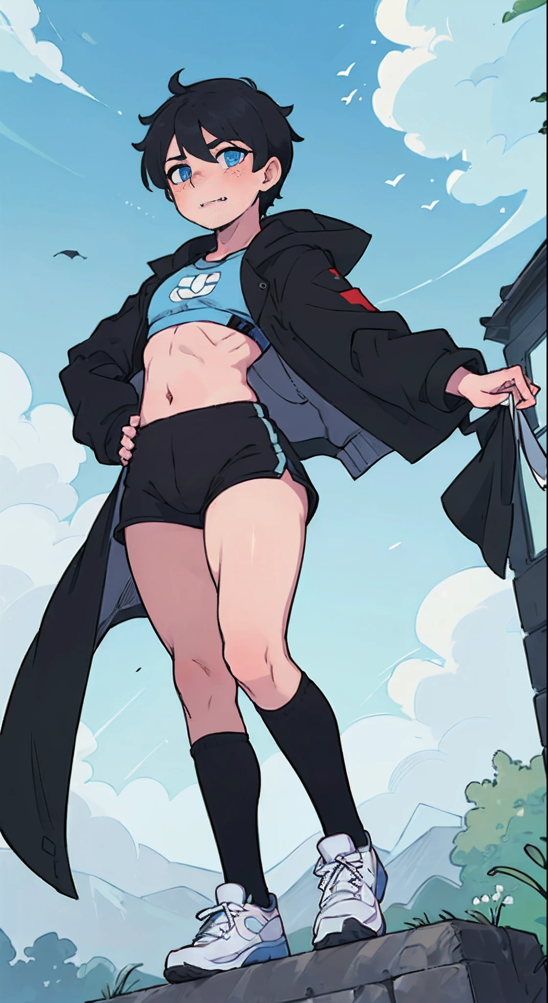((((((1boy)))))), fluffy red hair, ((big sharp cat ears)), cat tail, slim figure, ((pale skin)), sky blue eyes, joyful, big thighs, big butt, fangs, slim waist, lean figure, skin pale, youthful appearance, (((bulge))), black booty gym shorts, black thigh socks, black coat, twink
