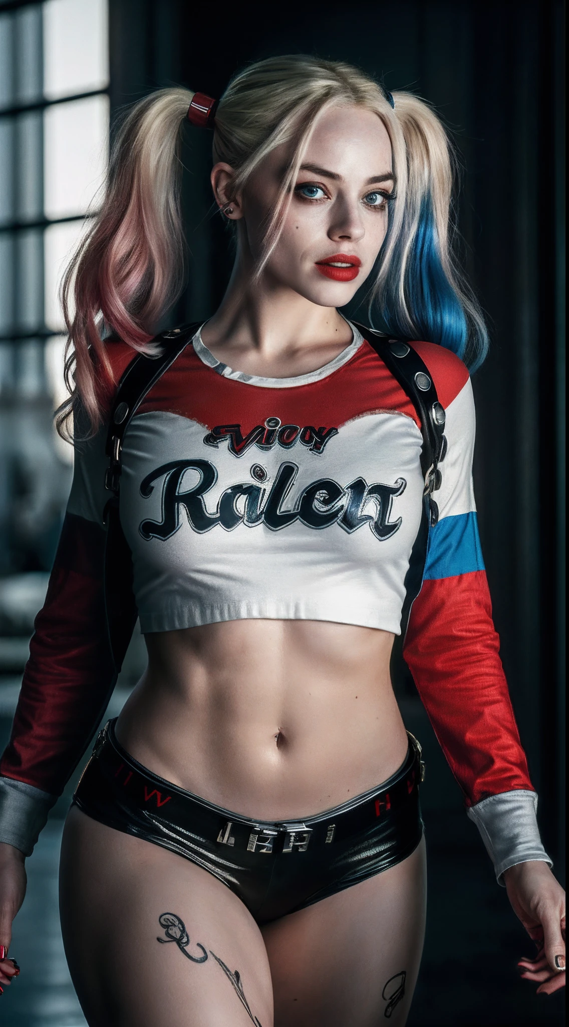 (8k, RAW photo, best quality, masterpiece:1.2), ultra detailed, official art, full-body shot, photo-realistic:1.37, petite, nipple visible through shirt, DC Harley Quinn, film grain, Dynamic pose, large chested, shot focused on her chest