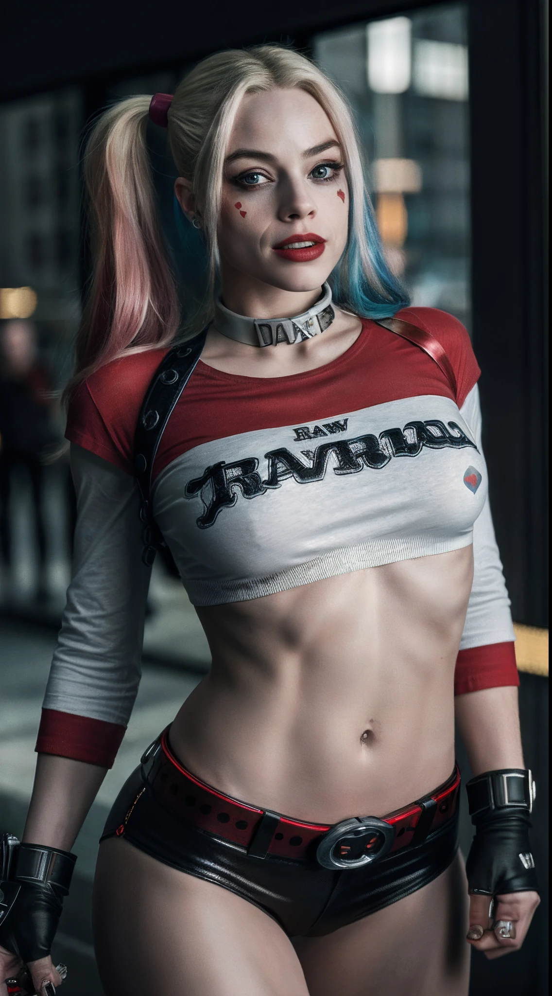 (8k, RAW photo, best quality, masterpiece:1.2), ultra detailed, official art, full-body shot, photo-realistic:1.37, petite, nipple visible through shirt, DC Harley Quinn, film grain, Dynamic pose, large chested, shot focused on her chest