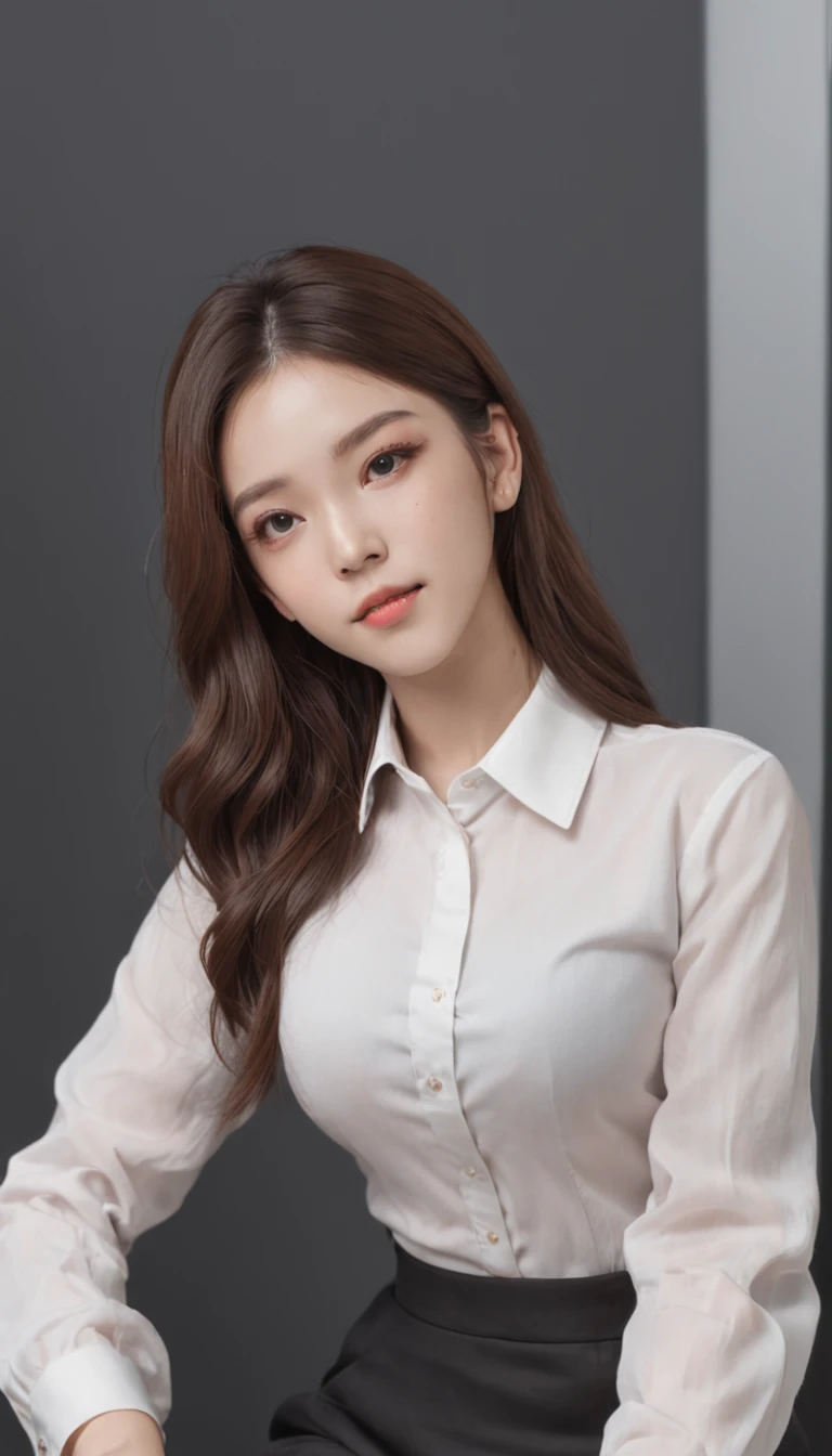 High quality，tmasterpiece，超A high resolution，(Photorealsitic),（realisticlying：1.4），RAW photogr，1Kpop girl，kINsOO(Full body photo，inside in room，sit on chair，Legs crossed)，Good looking face，Slim，Dignified，Small Fresh，（blouse with a white collar，black short skirt），ssmile，cabelos preto e longos，Beautiful hair accessories，Beautiful teenage girl，detailed scene, Beautiful digital illustrations, detaileds，ultra - detailed, Cinematic quality, (Beauty and aesthetics，big breasts beautiful)，correct hand，anatomy correct, ((From below))