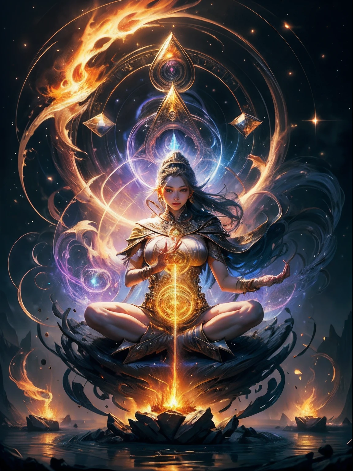 Immortal goddess, super beautiful, 8k, super big breasts, meditating, light white cloth covering part of her body, sitting cross-legged, golden glowing magic circle rotating behind her, magical aura surrounding her parts, magical, fantasy, milky way background, (4 elements, fire, water, wind, earth, surround it),