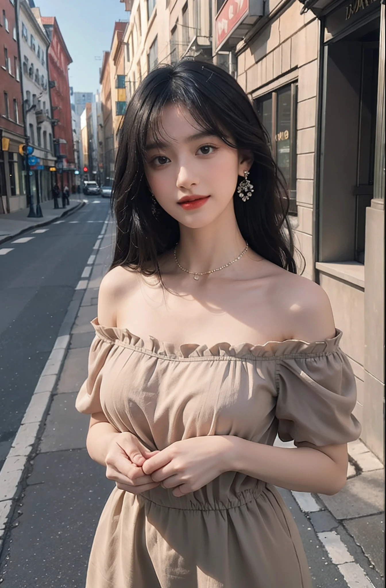 ((jon,Black color hair)), randome pose, (An extremely delicate and beautiful work), (tmasterpiece), 1girll, Random costumes,Shoulders are heavy, highly detailed, long whitr hair, light smile, beautiful and clear eyes, delicatenecklace, Delicate earrings, Extreme detail description, big breasts beautiful,s delicate face, fine collar bone,lovely lips, Behind the softness, mix4,(8K, RAW photos, best qualtiy, tmasterpiece:1.2), (realisticlying, photograph realistic:1.4), 1girll, adolable, Sunny streets, profesional lighting, photon maping, Radio City, physically-based renderingt, full bodyesbian