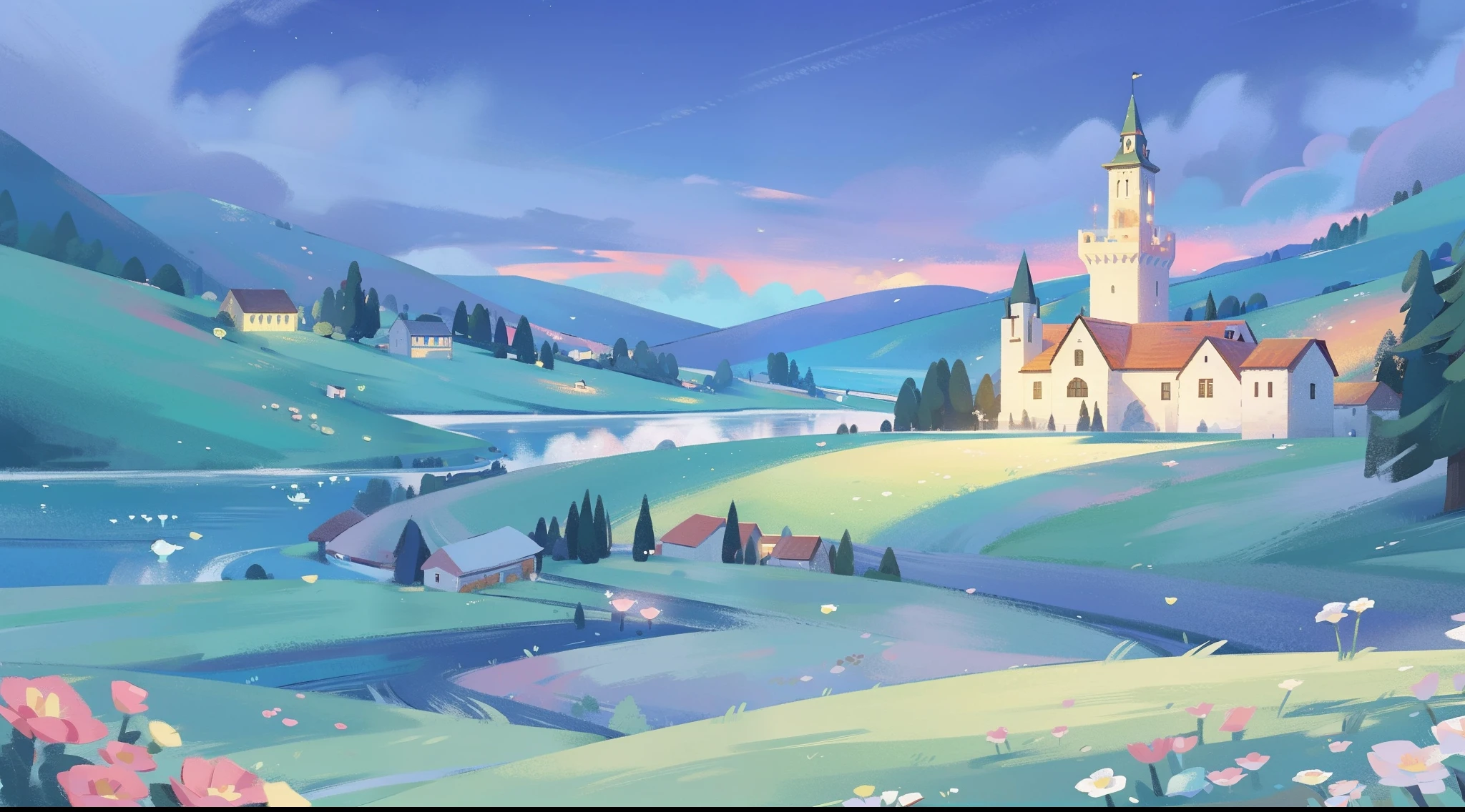 masterpiece, best quality, 8k resolution, sharp focus, intricate detail, beautiful landscape, fantasy storybook castle, magical landscape, colorful, whimsical, magical, high resolution, fine details, fantasy, lake, flowers, garden, village, (huge castle), colorful beautiful sky