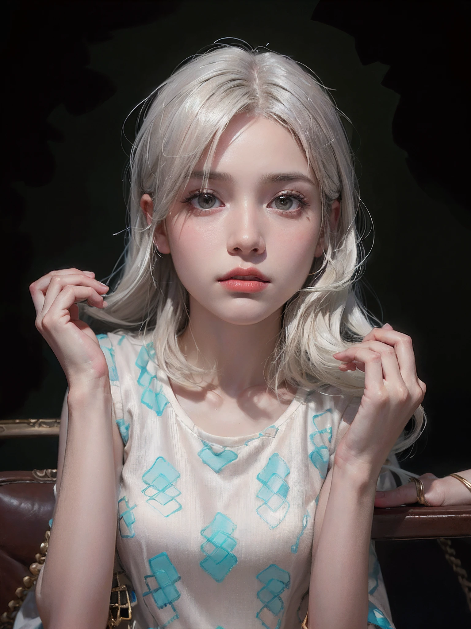 (front focus),(in the dark:1.6),
Hyperrealist portrait of female by david hockney and alphonse mucha,fantasy art, photo realistic, dynamic lighting, artstation, poster, volumetric lighting, very detailed faces, 4 k, award winning,, 1girl, in the dark, deep shadow, low key,cowboy shot,(official clothing:1.4) ,long hair,white hair,