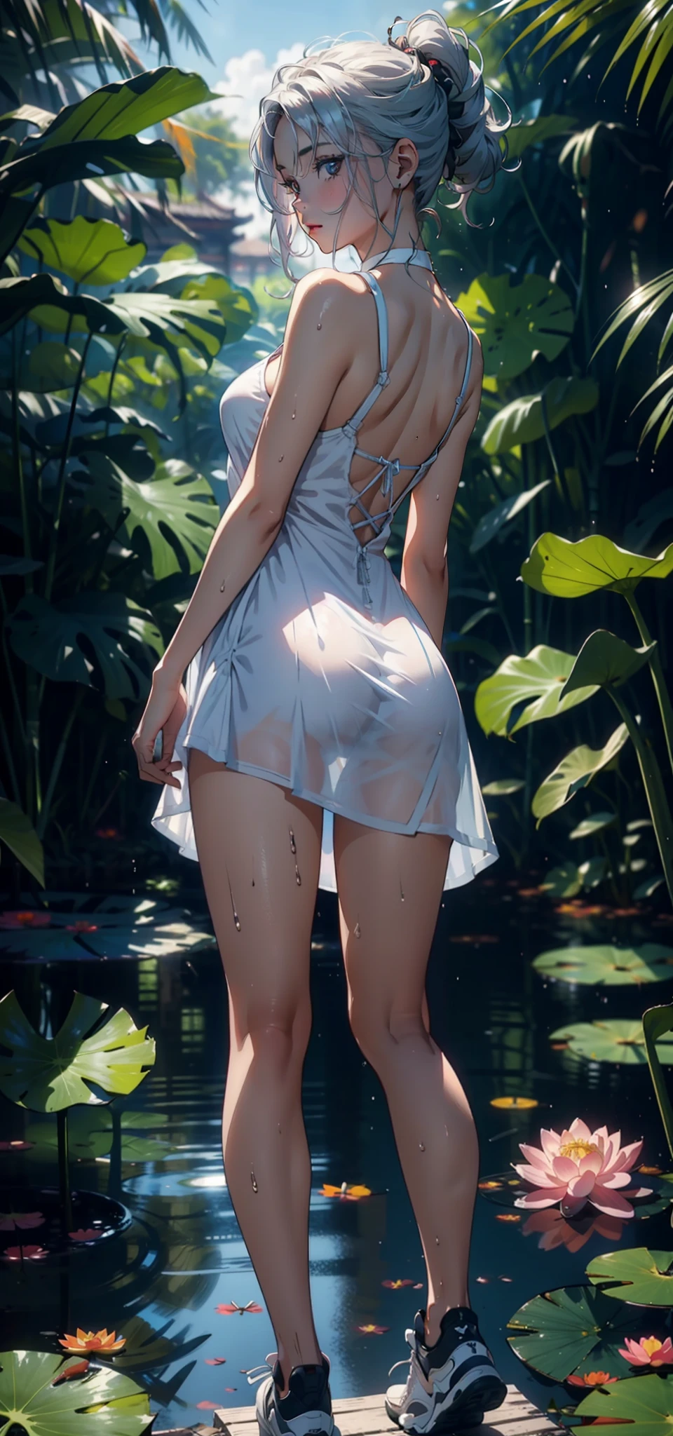 1female，3 ，bit girl，Small loli，huge-breasted，Pornographic exposure， 独奏，（Background with：bamboo forrest，lotuses，lotus flower，exteriors，Lotus pond） She has short silver-white hair，standing on your feet，Sweat profusely，drenched all over the body，seen from the front， hair straight， mostly cloudy sky，（（（tmasterpiece），（Very detailed CG unity 8K wallpaper），best qualtiy，cinmatic lighting，detailed back ground，beatiful detailed eyes，Bright pupils，Black eyes，（Very fine and beautiful），（Beautiful and detailed eye description），ultra - detailed，tmasterpiece，）），facing at camera，A high resolution，ultra - detailed），revealing breasts，Bare genitalia，  Bulge，legs are open，Raised sexy，Camel toes，Flushed complexion，Open-mouthed，frontage，elementarsexy ultra-short transparent loli dress，Bare breasts，Bare lower body，Exposing the ，athletic sneakers）Full body photo，Show shoes