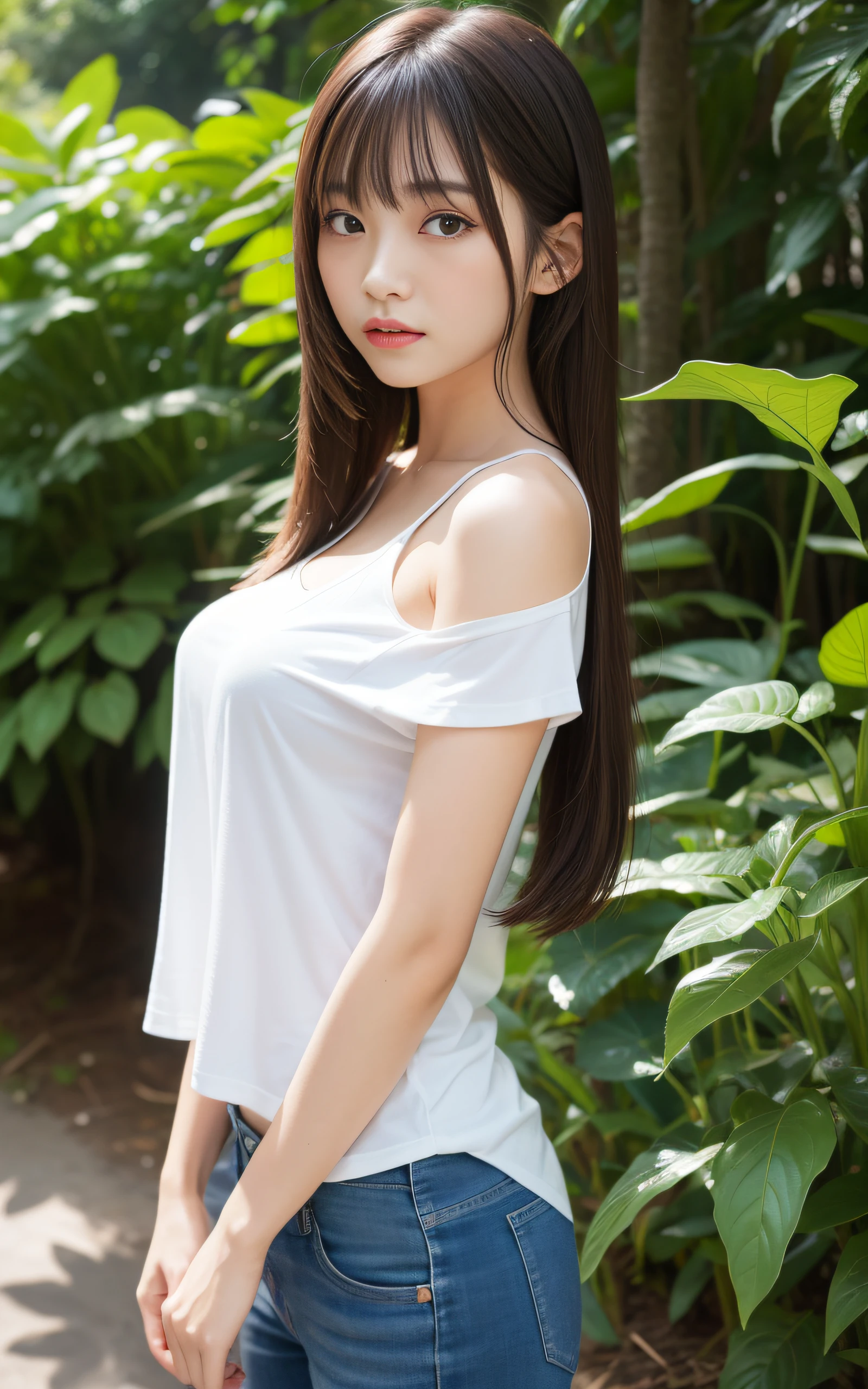 ((Best Quality, 8K, masutepiece: 1.3)), (Sharp Focus: 1.2), 1 girl, Neat and clean beauty, 20 years old, Japanese, A pretty girl with perfect figure, Classy and elegant, Cute, Shy, ((shoulder length straight hair swaying in the wind, bangs)), Big breasts, sad, (T-shirt: 1.1), pants, Highly detailed face and skin texture, Detailed eyes, Majestic waterfall hidden deep in a lush forest