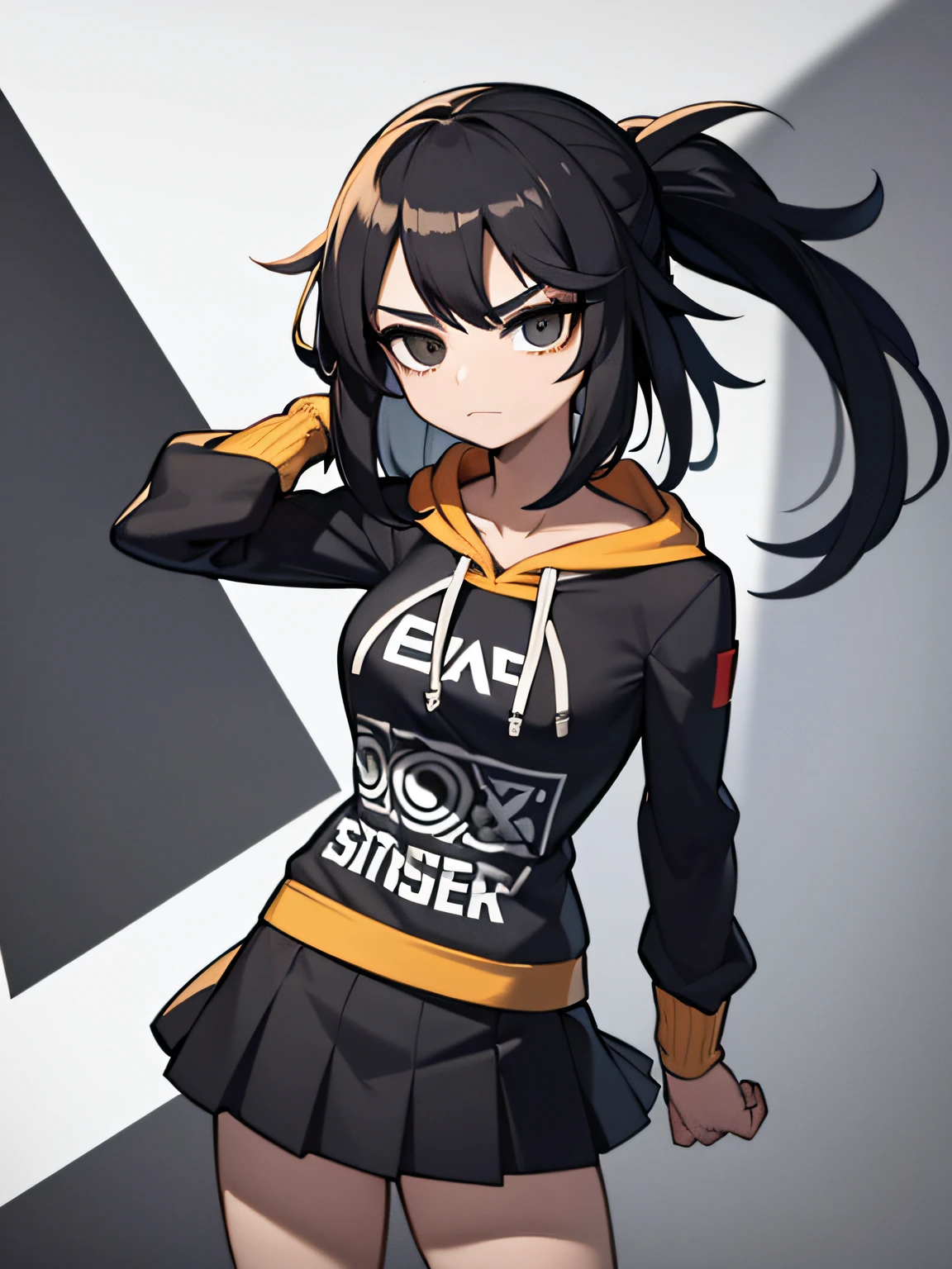 ((masterpiece, best quality)), (1girl), (solo), (female focus), (black hair, messy hair, long hair), black eyes, ((graphic hoodie )),((black skirt), (short skirt)), standing, arms behind back, eye bags,