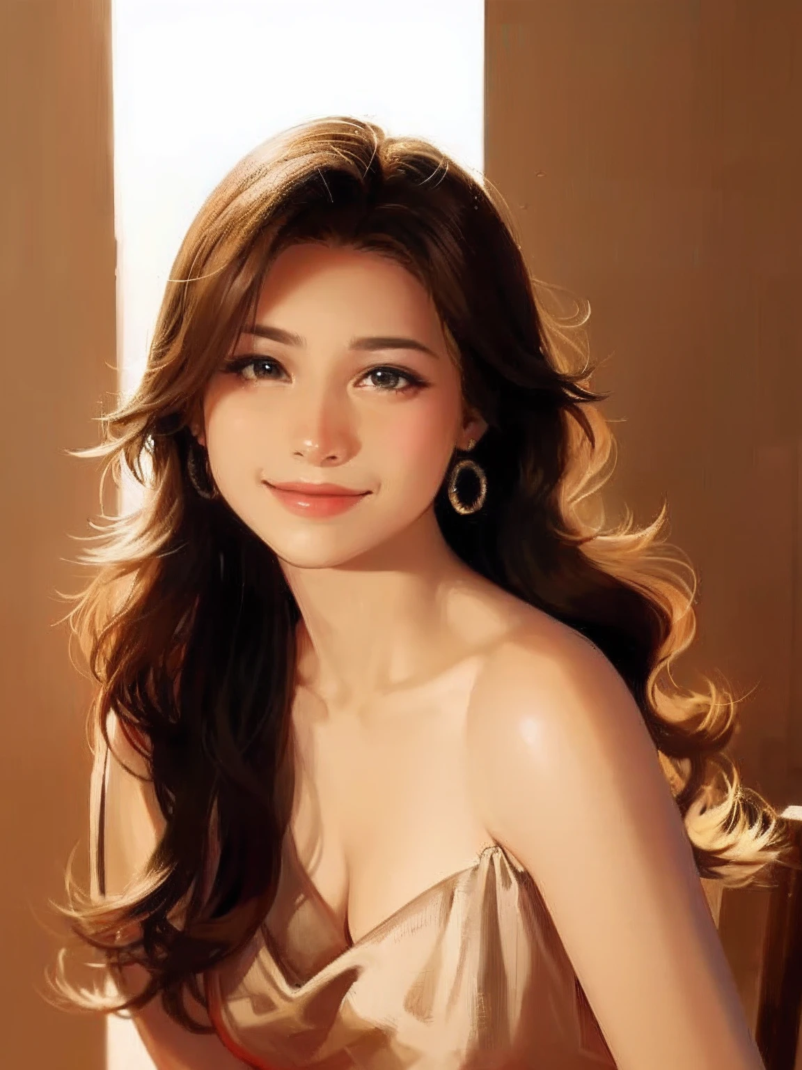 araffe woman with long brown hair wearing a dress and earrings, cindy avelino, ruan jia beautiful!, 2 , cute seductive smile, portrait of modern darna, painting, pastel, illustration, 2 8 years oldductive smile, joy ang, hi-res scan, hi - res scan, official photos, 2 3 years old, jaw-dropp