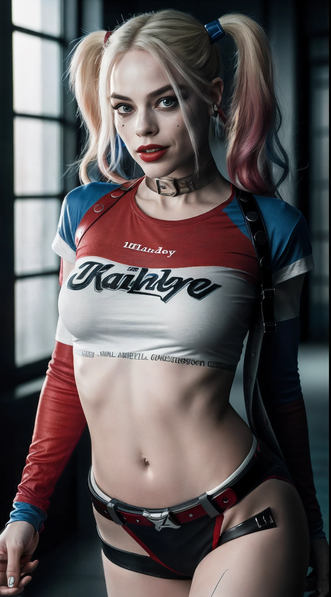 (8k, RAW photo, best quality, masterpiece:1.2), ultra detailed, official art, full-body shot, photo-realistic:1.37, petite, nipple visible through shirt, DC Harley Quinn, film grain, Dynamic pose, large chested, shot focused on her chest