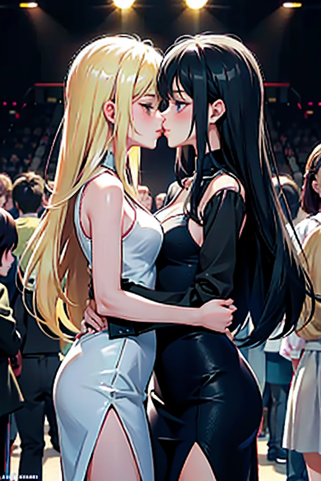 Two girls，Same stature，One black hair and one blonde，Hold each other，The two bodies are close together，Kiss，in the crowd