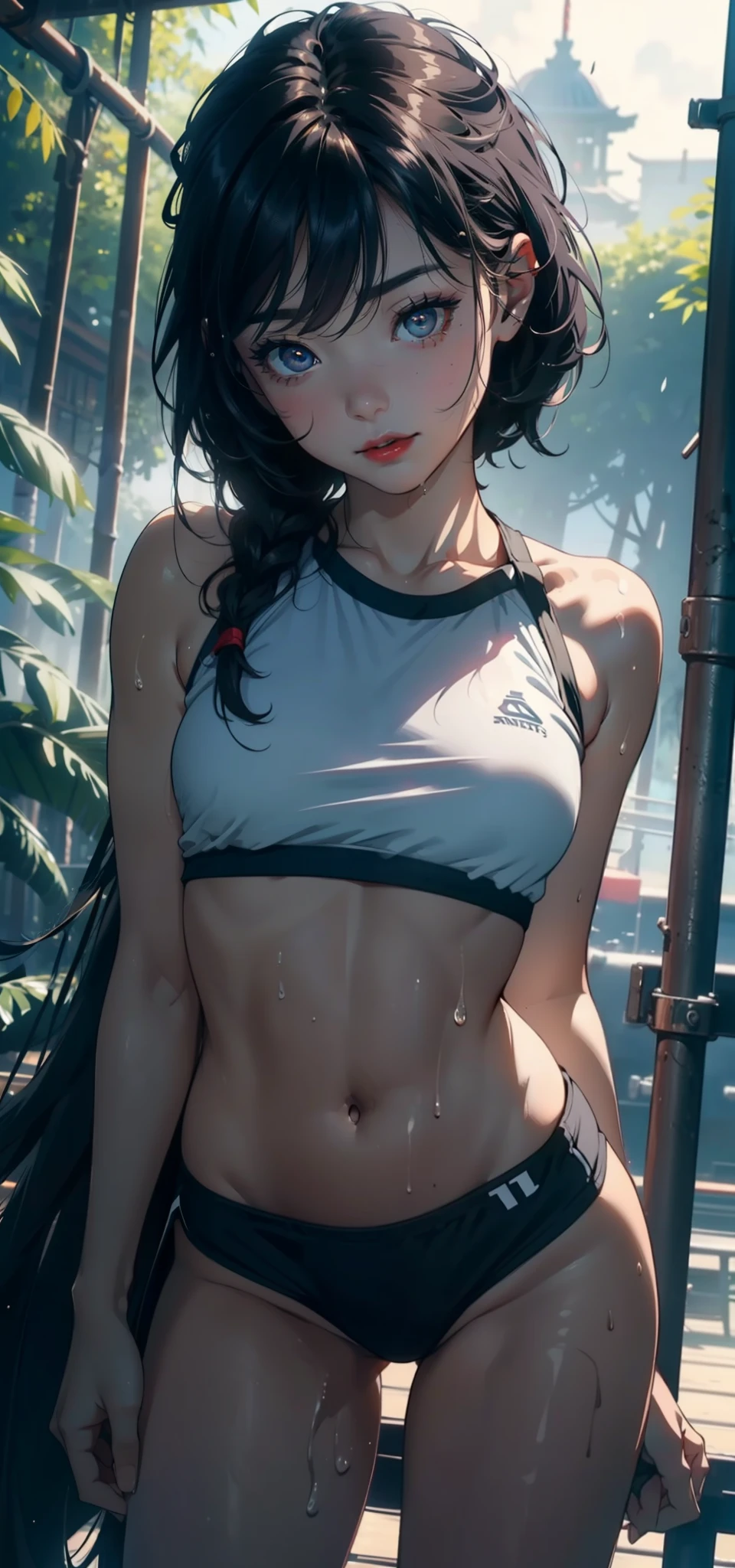 1female，3 years old，Small loli，bit girl，smallunderboob，Pornographic exposure， 独奏，（Background with：bamboo forrest，basketball playground） She has very short black hair，standing on your feet，Sweat profusely，drenched all over the body，seen from the front， hair straight， mostly cloudy sky，（（（tmasterpiece），（Very detailed CG unity 8K wallpaper），best qualtiy，cinmatic lighting，detailed back ground，beatiful detailed eyes，Bright pupils，（Very fine and beautiful），（Beautiful and detailed eye description），Black eyes，Redlip，ultra - detailed，tmasterpiece，）），facing at camera，（The upper part of the body），A high resolution，ultra - detailed），revealing breasts，Bare genitalia，  Bulge，legs are open，sexyposture，Camel toes，Flushed complexion，ssmile，frontage，cropped shoulders，elementary student，（Wearing：Sportswear set，athletic sneakers）