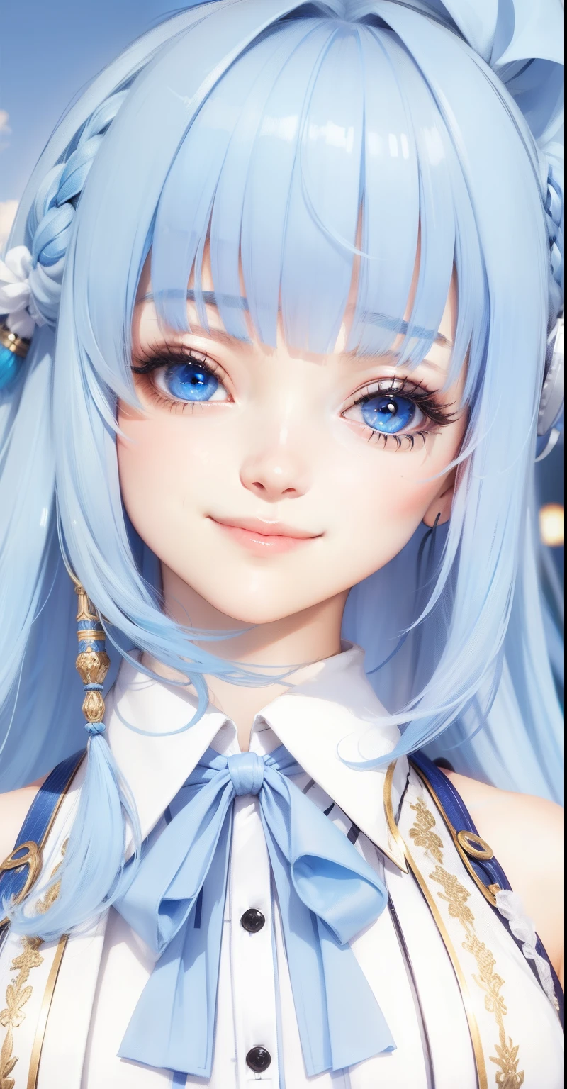 1girl, blue hair, long hair, smile, Realistic, ultra detail, 70mm lens