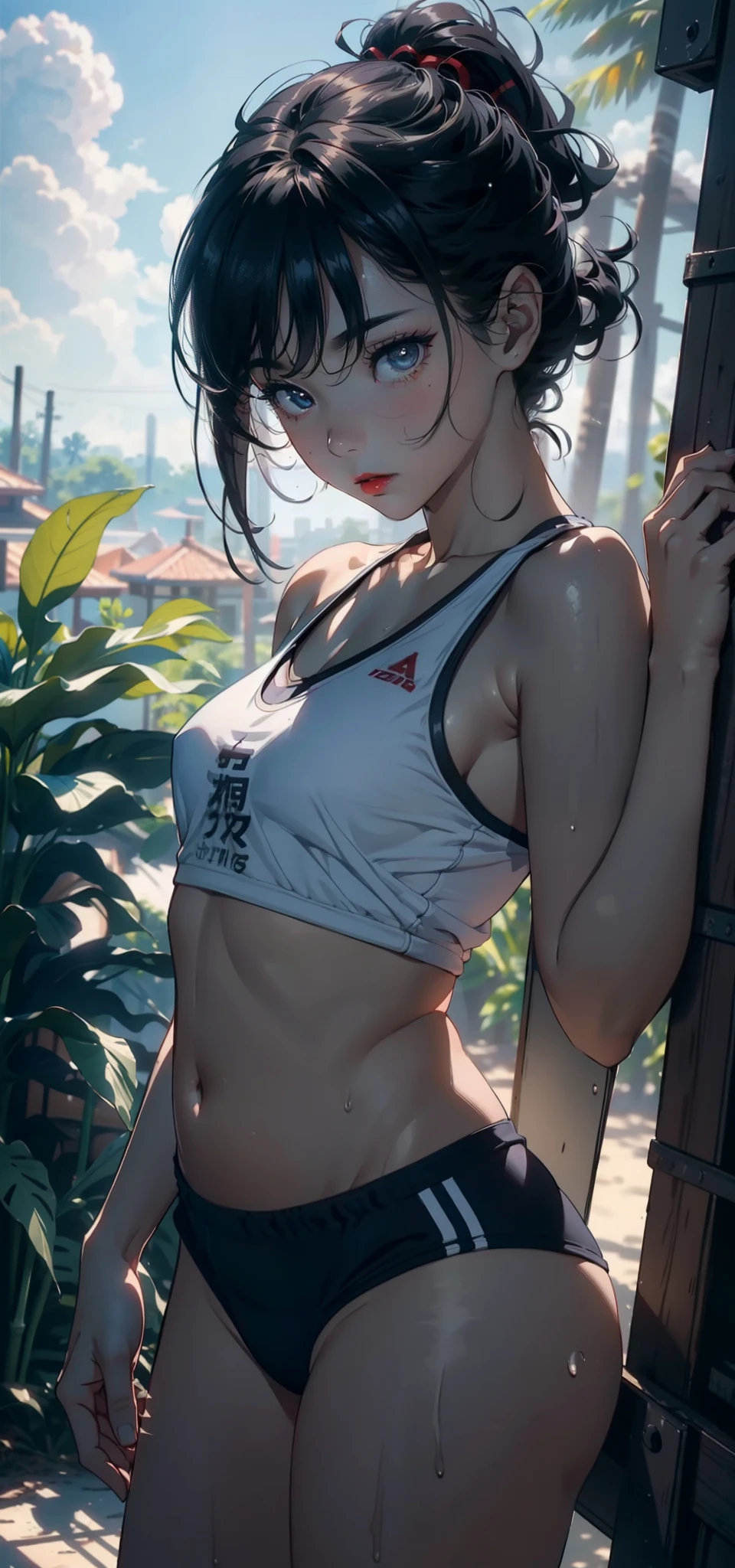 1female,3 ,Small loli,bit rl,smallunderboob,Pornographic exposure, 独奏,(Background with:bamboo forrest,basketball playground) She has very short black hair,standing on your feet,Sweat profusely,drenched all over the body,seen from the front, hair straight, mostly cloudy sky,(((tmasterpiece),(Very detailed CG unity 8K wallpaper),best qualtiy,cinmatic lighting,detailed back ground,beatiful detailed eyes,Bright pupils,(Very fine and beautiful),(Beautiful and detailed eye description),Black eyes,Redlip,ultra - detailed,tmasterpiece,)),facing at camera,(The upper part of the body),A high resolution,ultra - detailed),revealing breasts,Bare genitalia, Bulge,legs are open,sexyposture,Camel toes,Flushed complexion,ssmile,frontage,cropped shoulders,elementary portswear set,athletic sneakers)