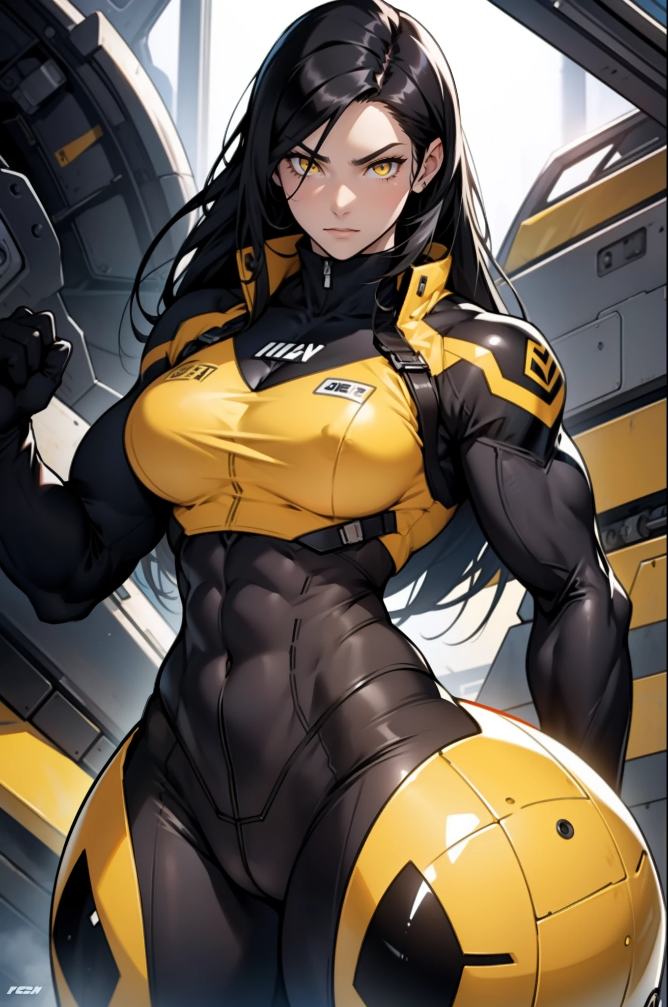 1 girl, black hair, yellow eyes, very long hair, pale skin, ((((extremely muscular)))), large breasts, (confident expression), pilot suit, curvy