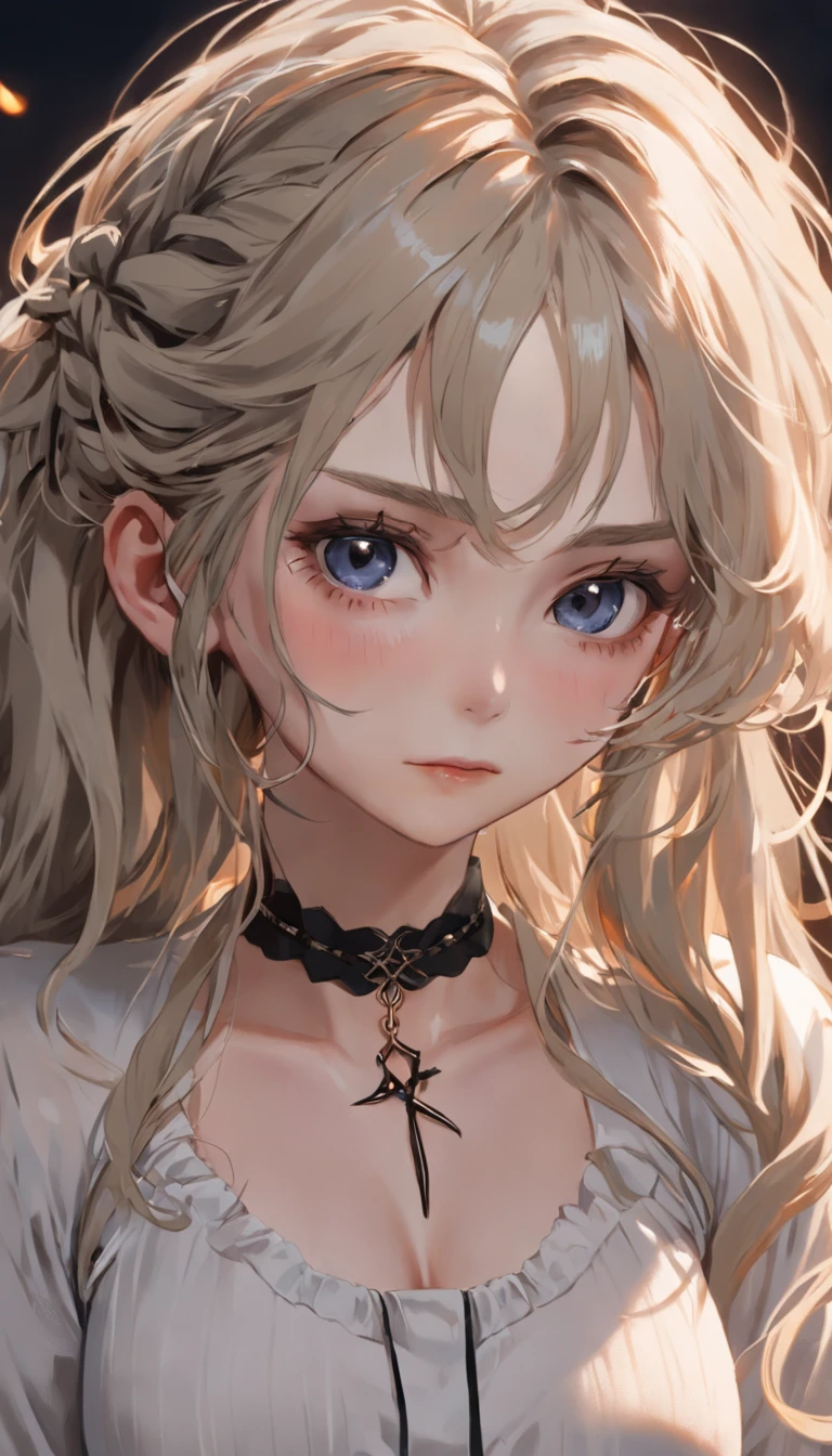 (RAW photo, Best quality), ((Nostalgia,1980s syle)),(A girl with a literary atmosphere:1.2),(Realistic, photo-realistic:1.3), (huge boob:1.3), (long wavy hair with braids), choker necklace,Very pale skin,超詳細な顔, Detailed lips, in black lipstick, Fine eyes, Double eyelids, Skinny Gothic clothing, Extremely delicate and beautiful, Amazing, finedetail, Masterpiece, Ultra-detailed, A high resolution,Best Illustration, Best shadow,Intricate,Depth of field,(close-up portrait of a young beautiful woman:1.2),Long hair,Messy hair,((((low tune,Dark scene,Dimly lit)))),(((Soft lighting:1.4))),(Pale skin:1.4),(Shy smile),(Movie Angle),Sharp focus, volume fog, 8K UHD, Digital SLR, High quality,( filmgrain:1.4), Fujifilm XT3,(view the viewer), Pale skin, Full body shot