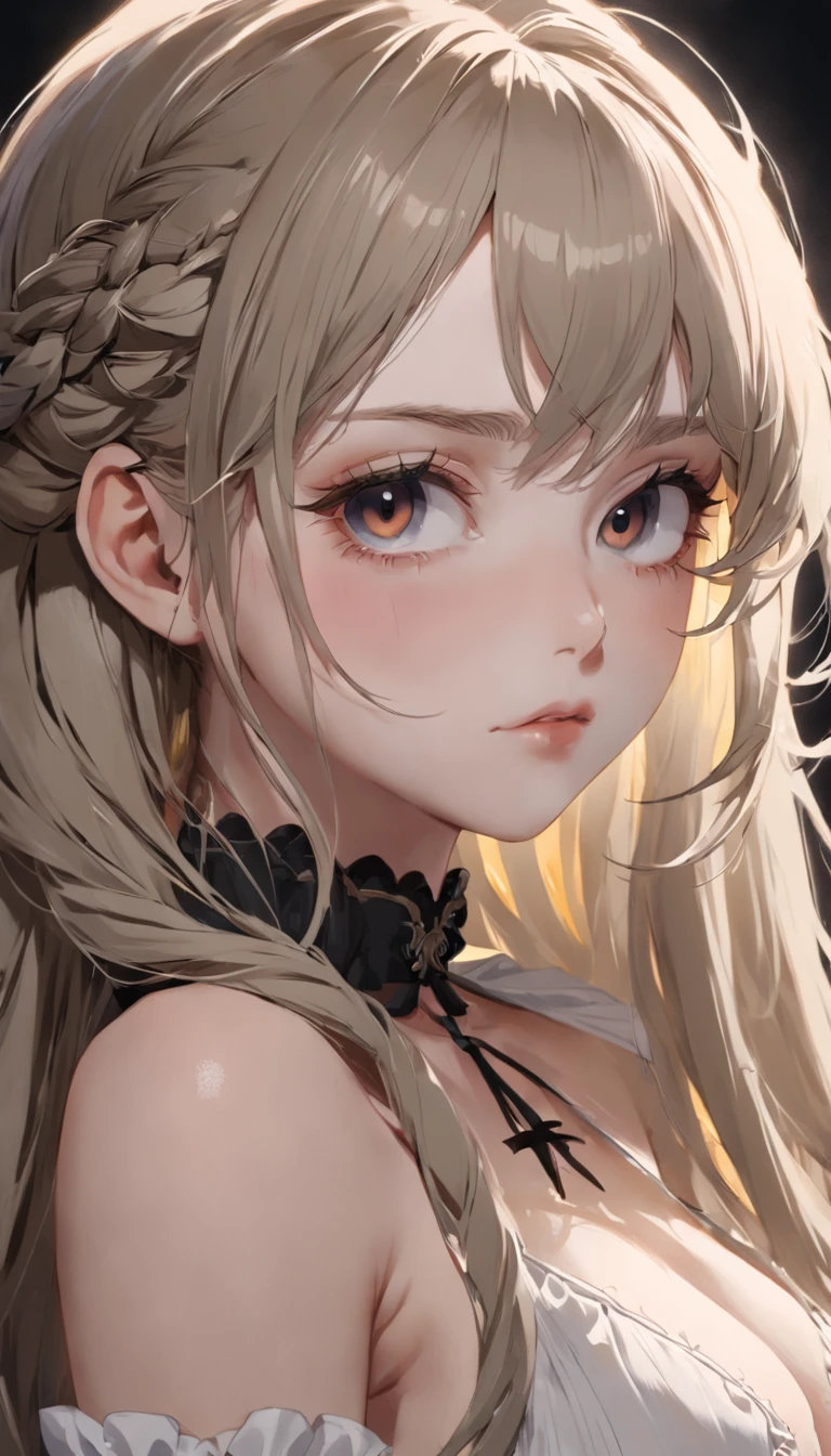 (RAW photo, Best quality), ((Nostalgia,1980s syle)),(A girl with a literary atmosphere:1.2),(Realistic, photo-realistic:1.3), (huge boob:1.3), (long wavy hair with braids), choker necklace,Very pale skin,超詳細な顔, Detailed lips, in black lipstick, Fine eyes, Double eyelids, Skinny Gothic clothing, Extremely delicate and beautiful, Amazing, finedetail, Masterpiece, Ultra-detailed, A high resolution,Best Illustration, Best shadow,Intricate,Depth of field,(close-up portrait of a young beautiful woman:1.2),Long hair,Messy hair,((((low tune,Dark scene,Dimly lit)))),(((Soft lighting:1.4))),(Pale skin:1.4),(Shy smile),(Movie Angle),Sharp focus, volume fog, 8K UHD, Digital SLR, High quality,( filmgrain:1.4), Fujifilm XT3,(view the viewer), Pale skin, Full body shot