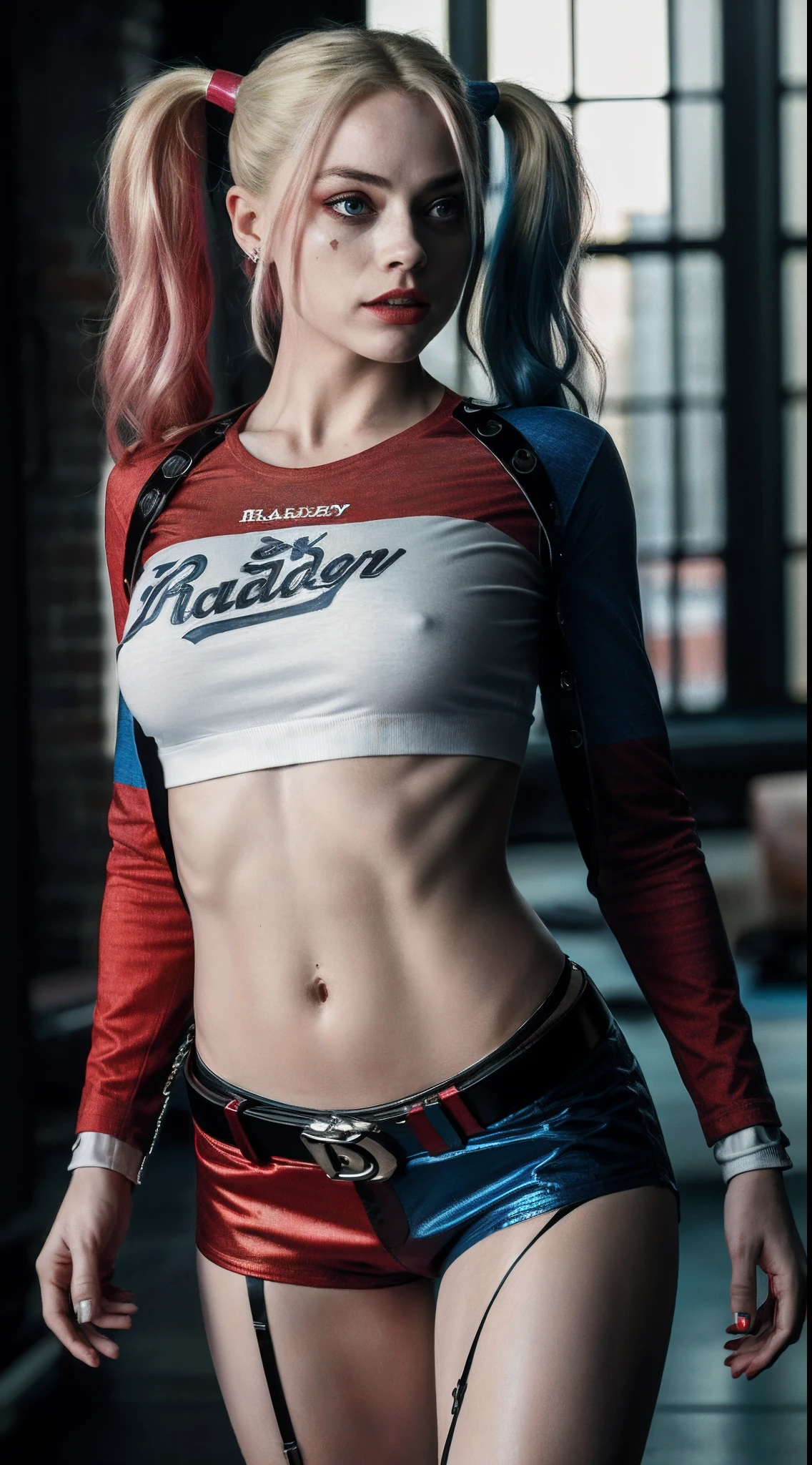 (8k, RAW photo, best quality, masterpiece:1.2), ultra detailed, official art, full-body shot, photo-realistic:1.37, petite, nipple visible through shirt, DC Harley Quinn, film grain, Dynamic pose, she is about to pull her shirt up, shot focused on her chest