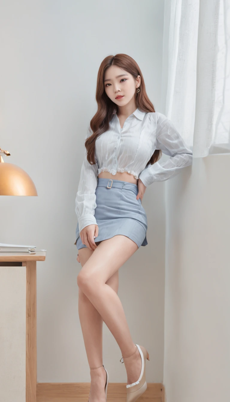 High quality,tmasterpiece,超A high resolution,(Photorealsitic),(realisticlying:1.4),RAW photogr,1Kpop girl,kinsOO(Full body photo,inside in room,sit on chair,Legs crossed),Good looking face,Slim,Dignified,Small Fresh,(blouse with a white collar,black short skirt),ssmile,cabelos preto e longos,Beautiful hair accessories,Beautiful age girl,detailed scene, Beautiful digital illustrations, detaileds,ultra - detailed, Cinematic quality, (Beauty and aesthetics,big breasts beautiful),correct hand,anatomy correct, ((Open your legs,facing to audience))