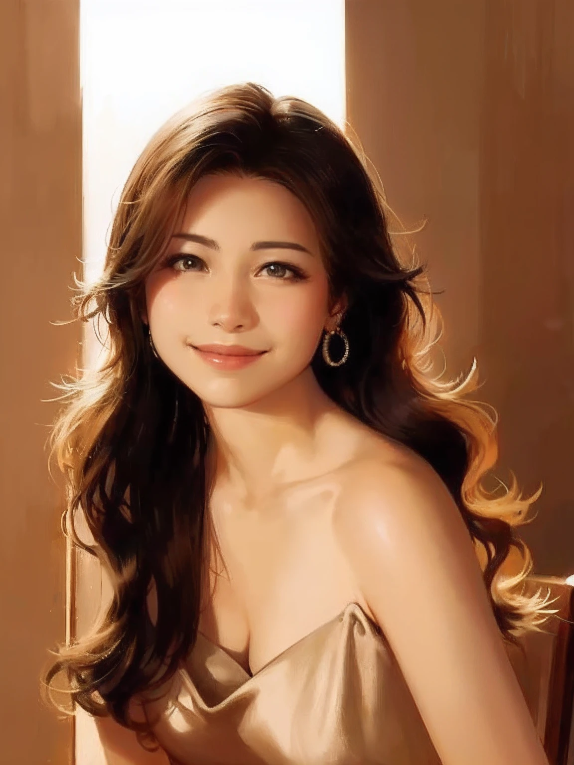 a close up of a woman in a dress posing for a picture,Smiling face,Black hair,The light comes from behind