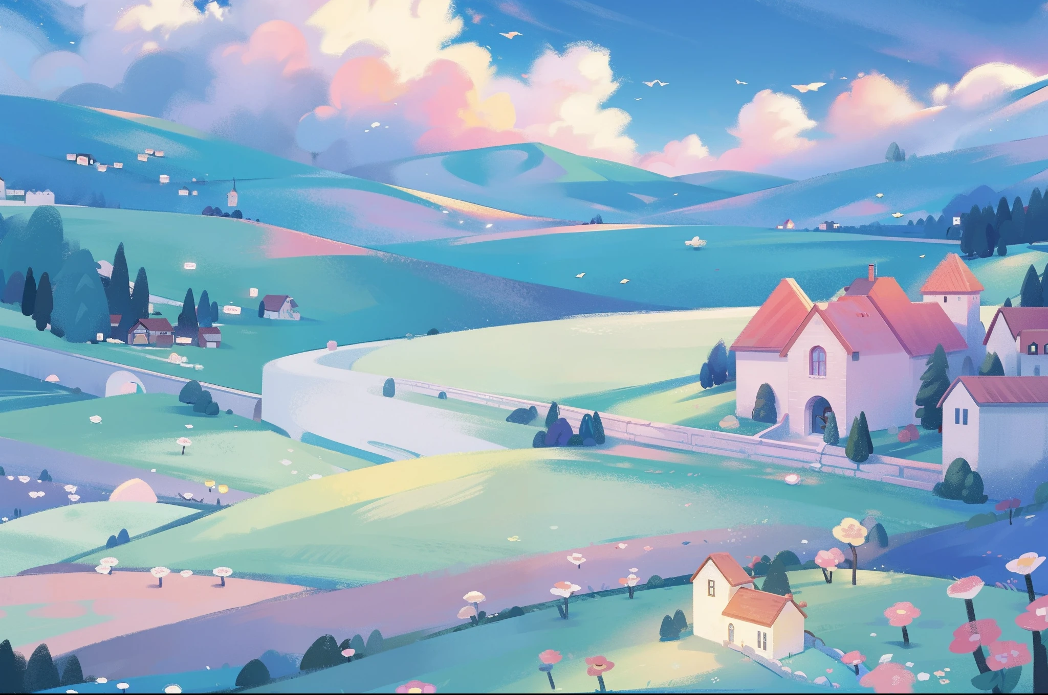 masterpiece, best quality, 8k resolution, sharp focus, intricate detail, beautiful landscape, fantasy storybook castle, magical landscape, colorful, whimsical, magical, high resolution, fine details, fantasy, lake, flowers, garden, village, (huge castle), colorful beautiful sky
