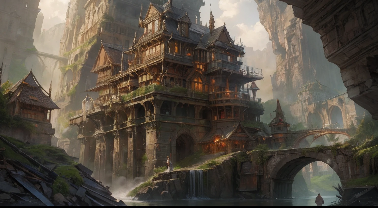 "(by Greg Rutkowski: 1.2), (masterpiece), (best quality), extremely delicate and beautiful, illustration, (fantasy landscape), depth of field, HDR, intricate, delicate, (No human presence), photorealistic depiction, live action feel, creating a visual masterpiece with the best possible quality. (Highlighting the fantastic elements of dwarven city, emphasizing the effects of collapse and severe weathering). Providing a distant view that captures the grandeur and atmosphere."