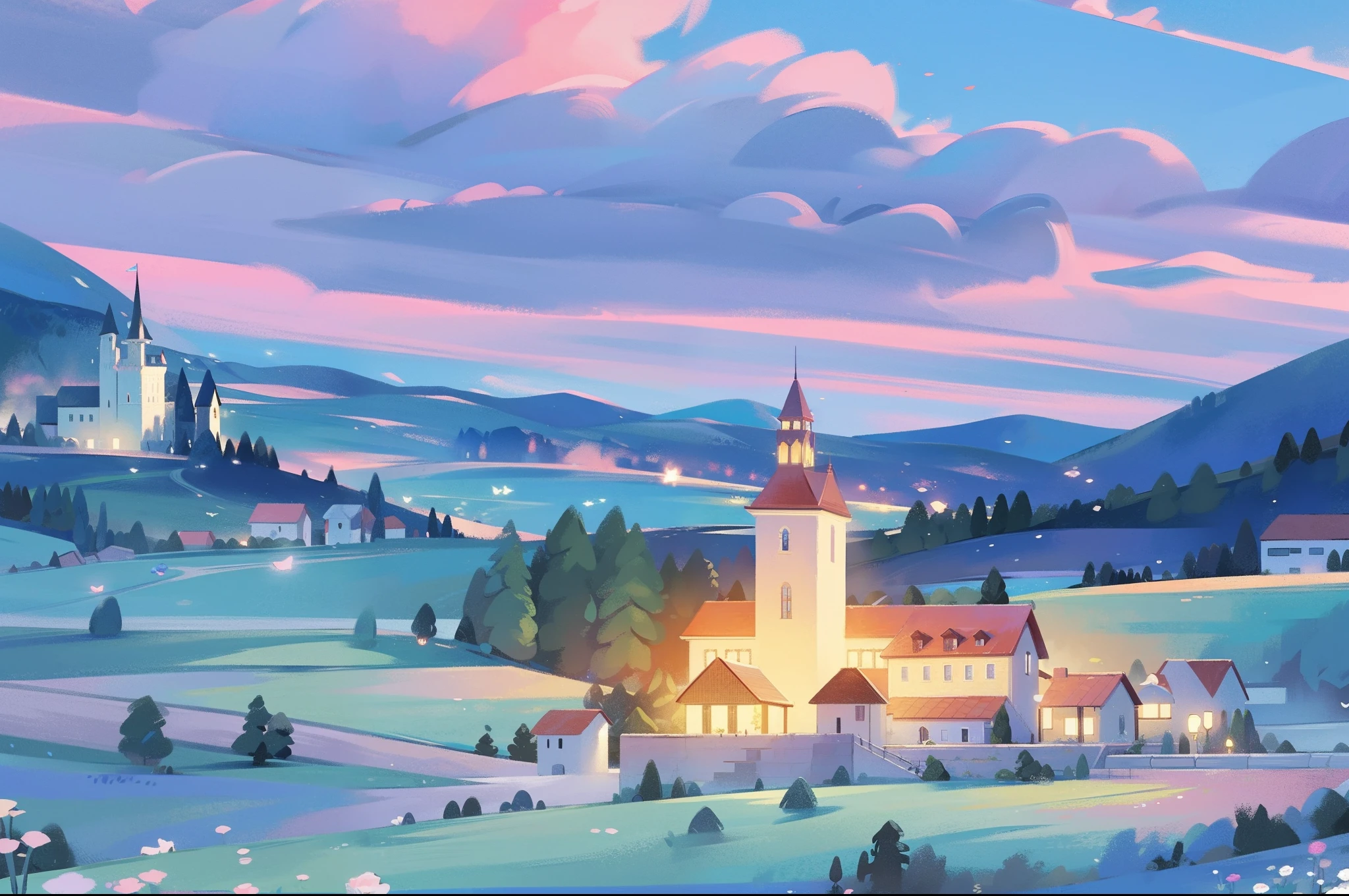 masterpiece, best quality, 8k resolution, sharp focus, intricate detail, beautiful landscape, fantasy storybook castle, magical landscape, colorful, whimsical, magical, high resolution, fine details, fantasy, lake, flowers, garden, village, (huge castle), colorful beautiful sky