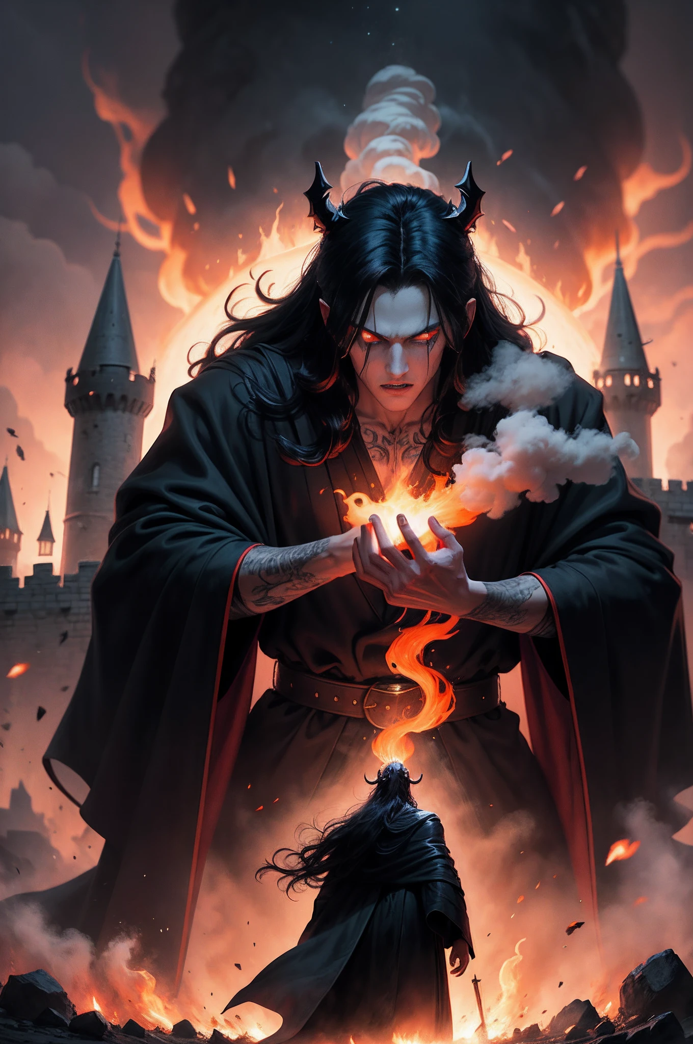 (obra-prima, melhor qualidade: 1.3), masculino, Satanic humanoid being, wearing black robes, black smoke coming out of his body, long hair, very black hair, red eyes, red energy coming out of his eyes, Castle being destroyed in the background, it's night