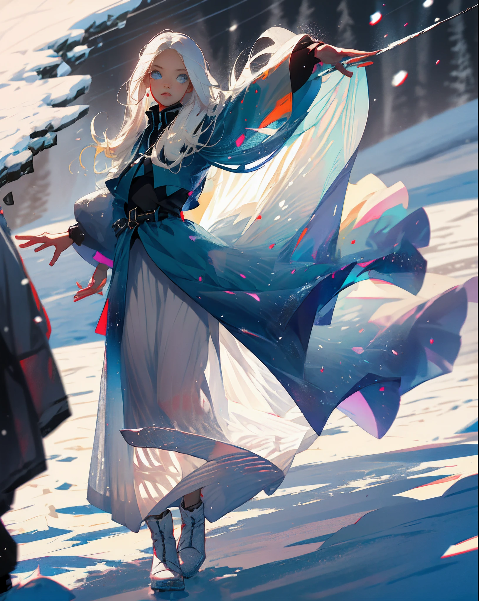 White long hair, blue eyes, white long skirt, snow high cold