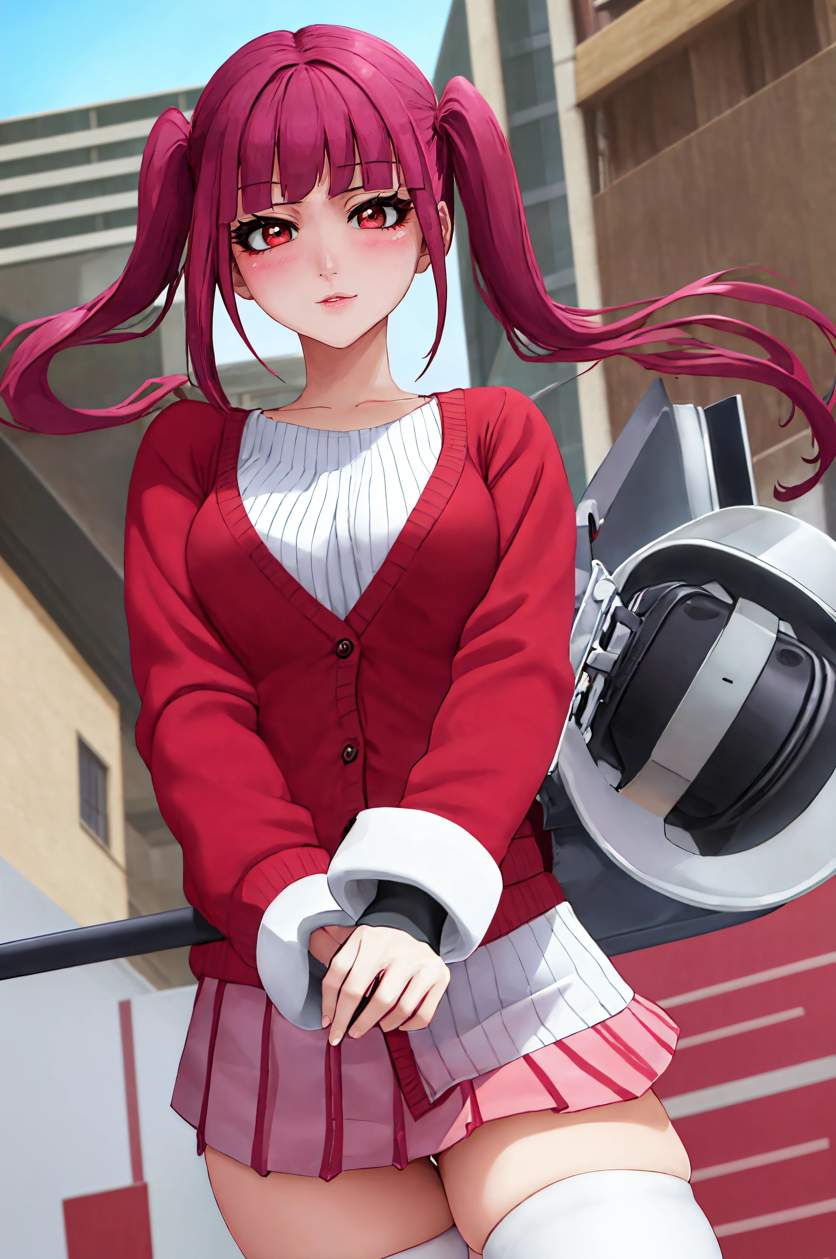 "Riruka, with vibrant eyes, standing in a peaceful town street, showcasing a moderate bust and soft rosy cheeks, wearing an red cardigan and white stockings, with a demure expression and stylish twin tails."