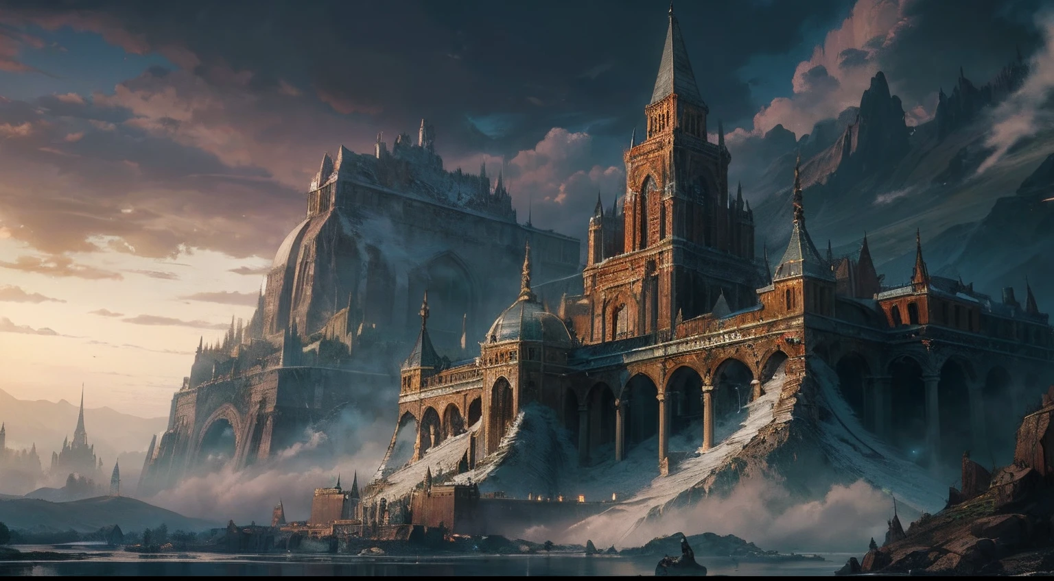 "(by Greg Rutkowski: 1.2), (masterpiece), (best quality), extremely delicate and beautiful, illustration, (fantasy landscape), depth of field, HDR, intricate, delicate, (No human presence), photorealistic depiction, live action feel, creating a visual masterpiece with the best possible quality. (Highlighting the fantastic elements of dwarven city, emphasizing the effects of collapse and severe weathering). Providing a distant view that captures the grandeur and atmosphere."