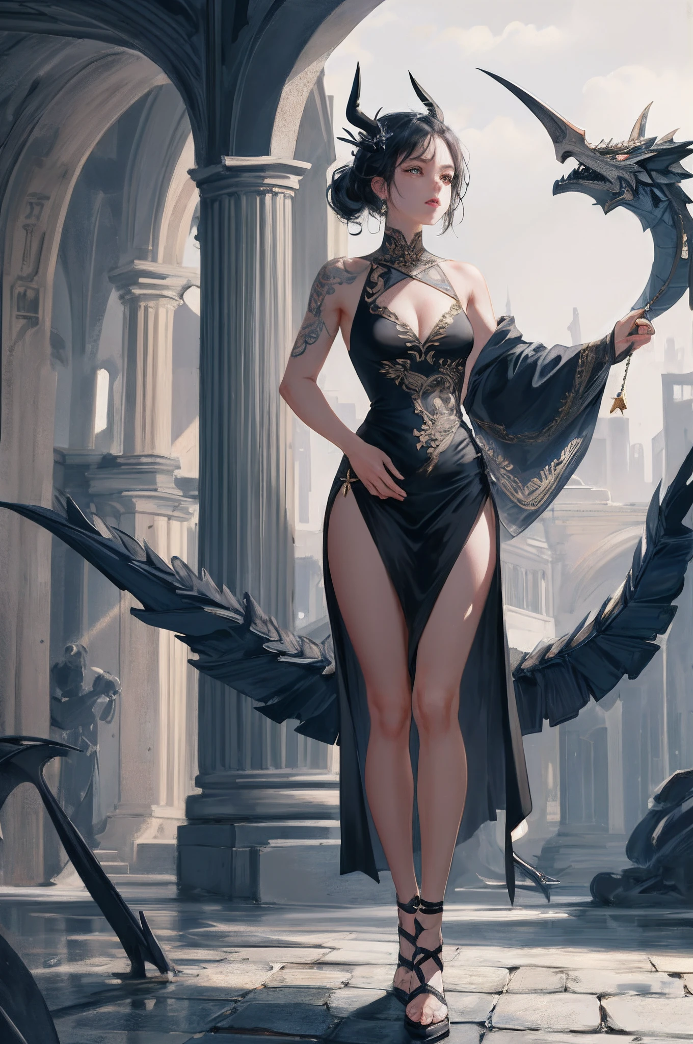 masterpiece, best quality, absurdres, perfect anatomy, standing, 1girl, solo, arm tattoo, bare shoulders, sleeveless, dress, dragon girl, dragon horns, jewelry, tail