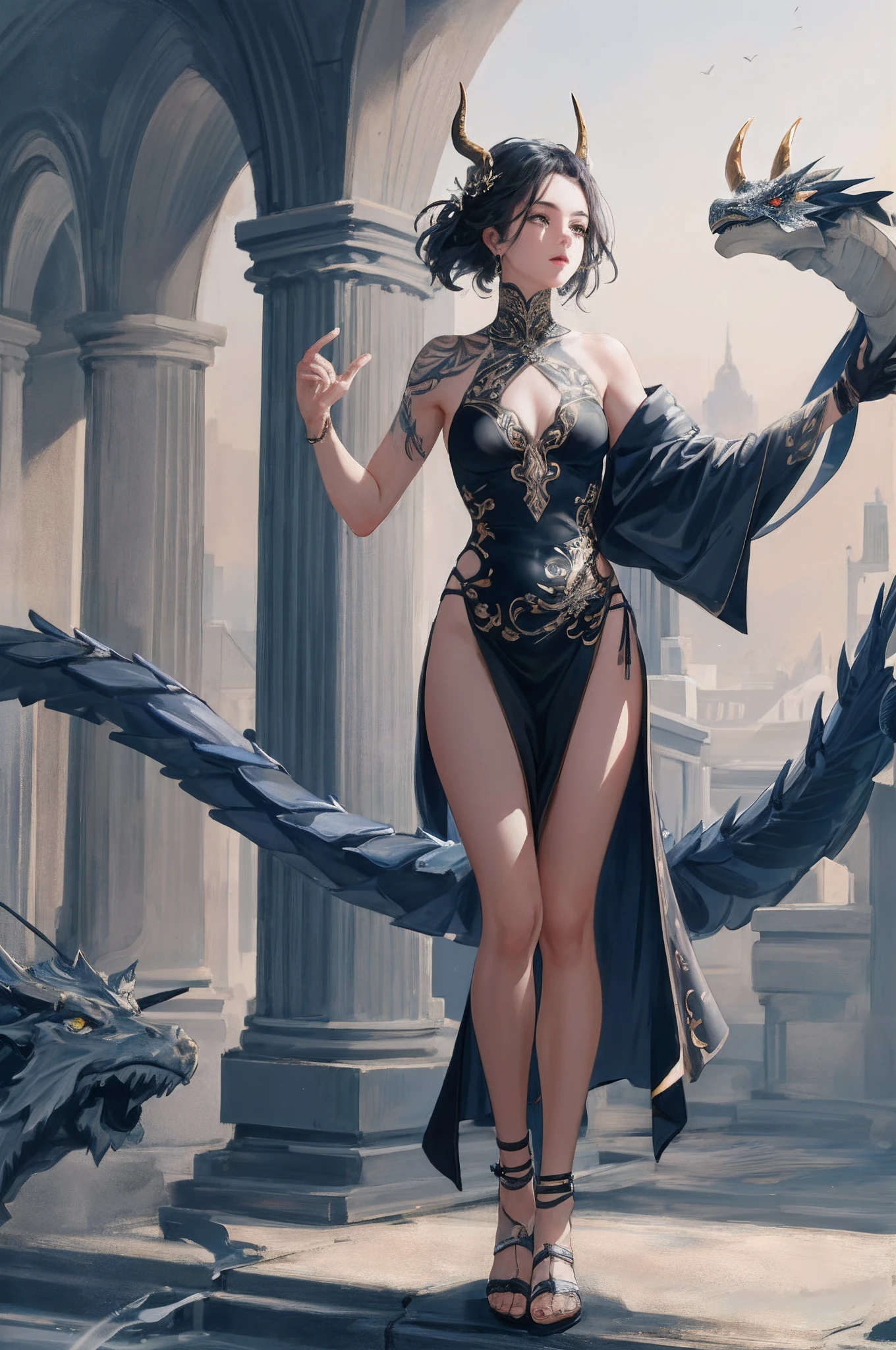 masterpiece, best quality, absurdres, perfect anatomy, standing, 1girl, solo, arm tattoo, bare shoulders, sleeveless, dress, dragon girl, dragon horns, jewelry, tail