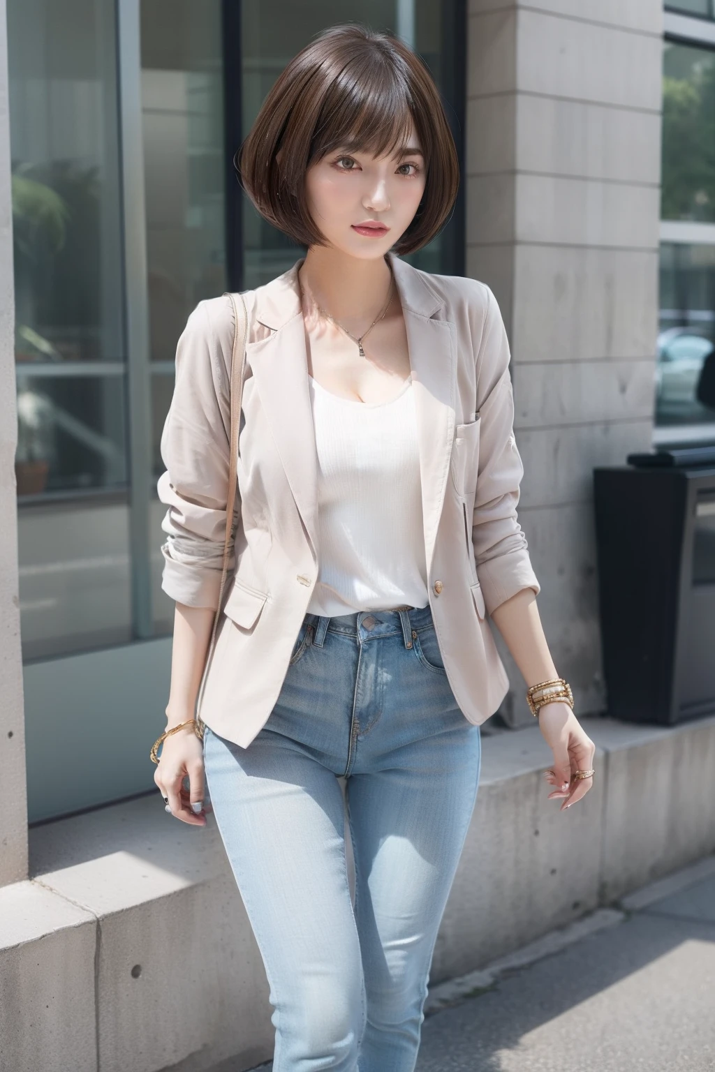 Chic casual hairstyle portrait for spring and summer。Hair in a trendy bob cut、Fine highlights。Makeup with nude pink lips and soft golden eyeshadow、Creating a fashionable and effortless look。Chic casual style。The model is in a trendy bob cut、Fine highlights。She Fit Blazer、Casual T-shirt、Skinny Jeans、Wearing stiletto heels。Accessories include a statement clutch bag and layered necklace。