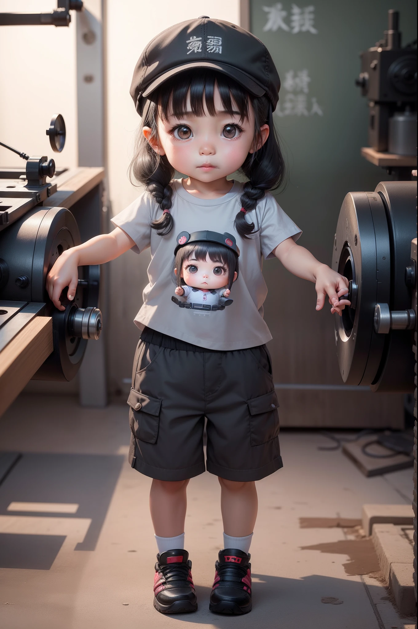 A 3--old ghtly chubby girl in China， Wear a cap，Gray tooling，Gray trousers，Lathe operation，Workshops, Workshops，assembly line，Black hair， adolable， with brown eye，by Pixar, tchibi，frontage，Full body portrait