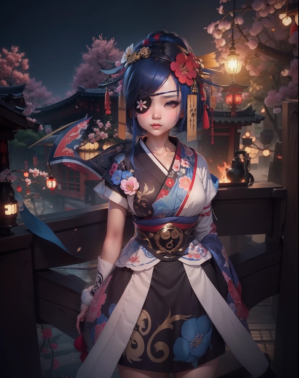 girl, oriental, japanese culture, cute, espadachim, eyepatch, blue hair, flowers,  best quality, 8k