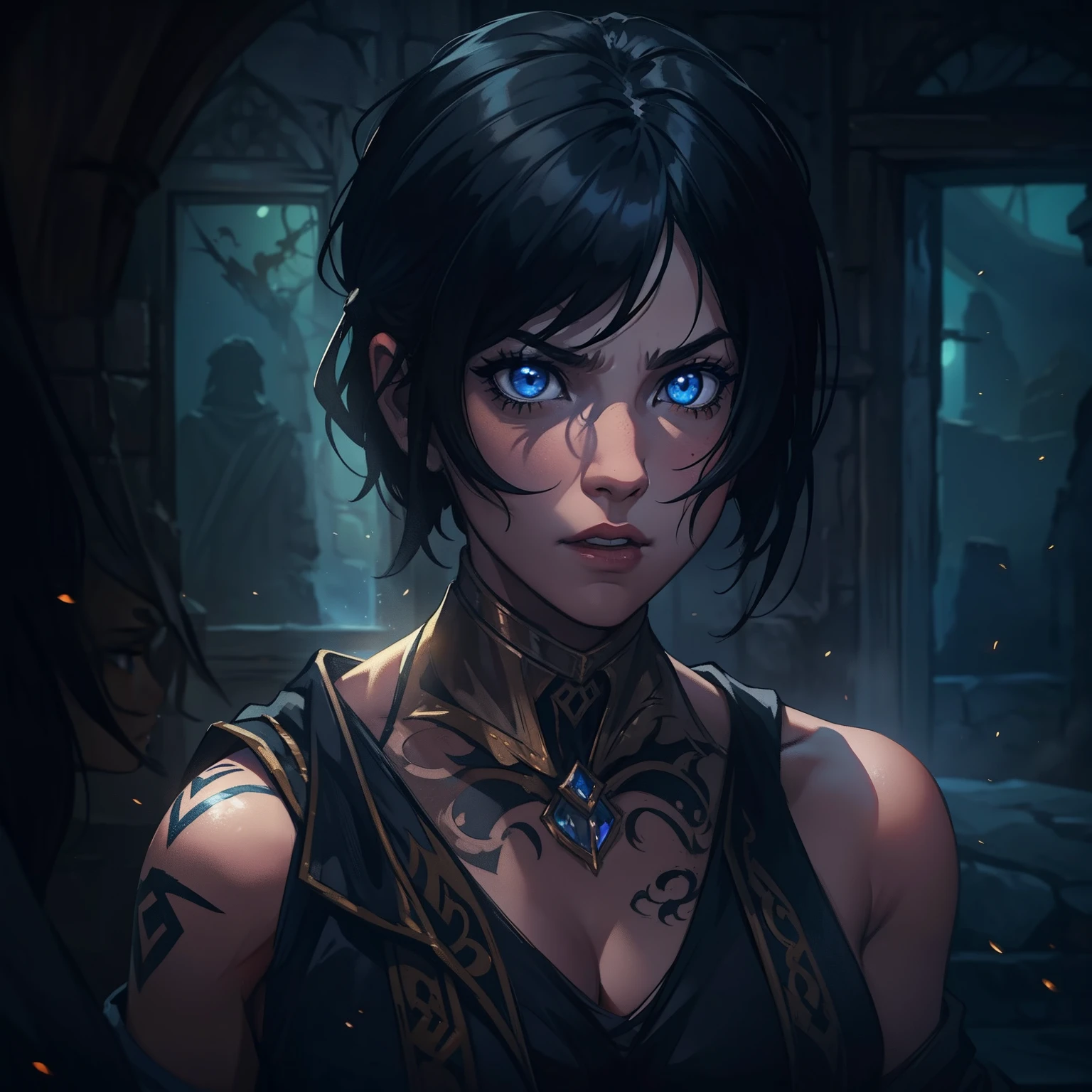 A portrait of a beautiful and sensual woman, a warrior with blue eyes and short, black hair with a tattoo on her face, she is wearing combat costumes, sexy low-cut costumes for medieval fighting training, she is in a dark room with moonlight being the only source of light coming in through the window., A well-contrasted image drenched in mystery we can barely see her face through the darkness many well-marked shadows and a special focus on contour lights cinematic lights a dramatic lighting dramatic pose of profile an environment full of magic shadows and mysteries in a medieval art RPG art a detailed and approximate art a medieval RPG art RPG art game art banner art she has a dark aura because she is evil as a villain dramatic art impactful art sexy's boobs