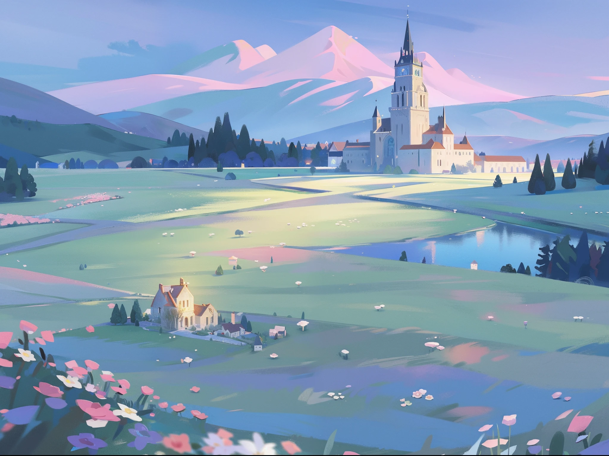 masterpiece, best quality, 8k resolution, sharp focus, intricate detail, beautiful landscape, fantasy storybook castle, magical landscape, colorful, whimsical, magical, high resolution, fine details, fantasy, lake, flowers, garden, village, (huge castle), colorful beautiful sky