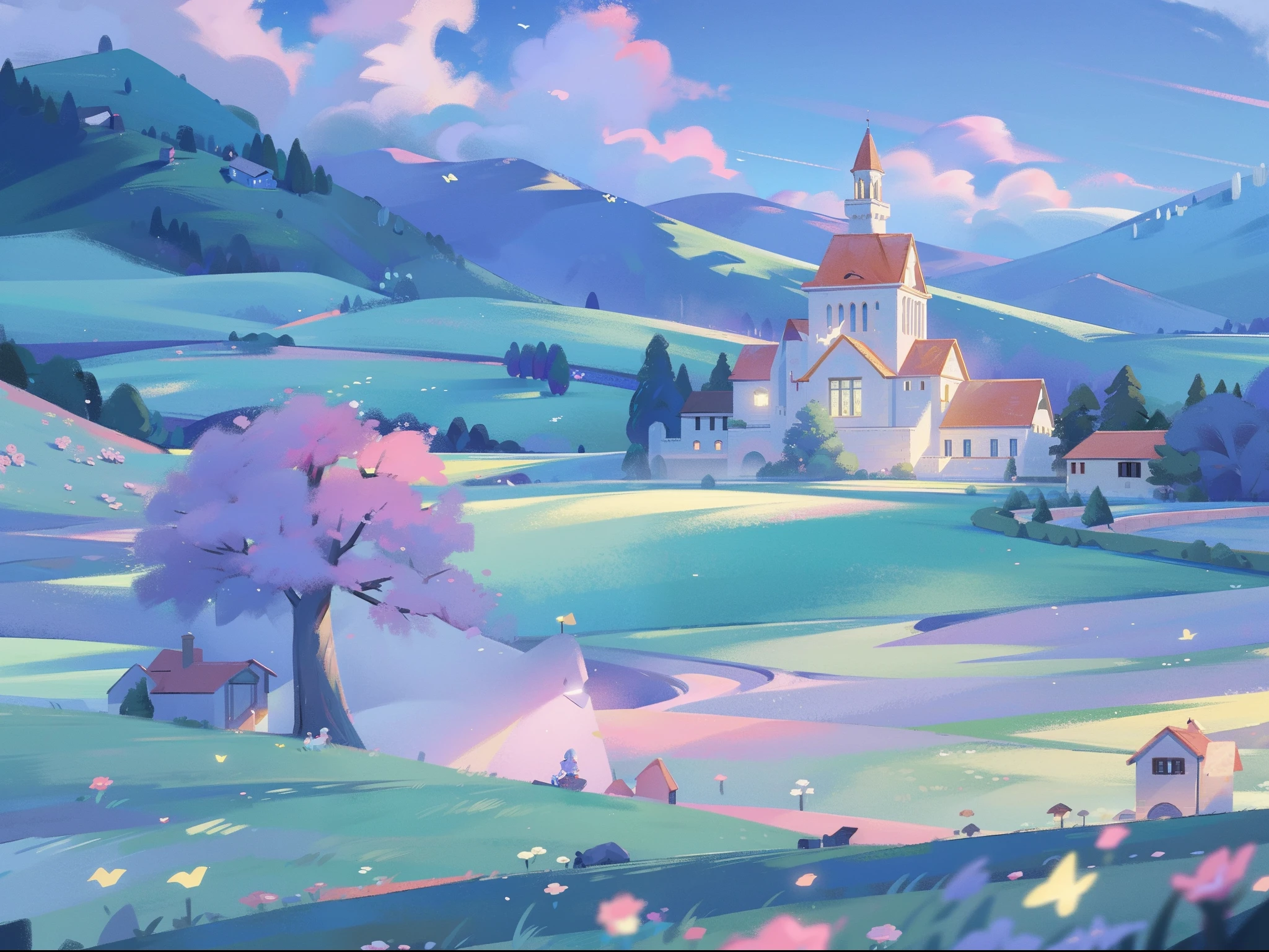 masterpiece, best quality, 8k resolution, sharp focus, intricate detail, beautiful landscape, fantasy storybook castle, magical landscape, colorful, whimsical, magical, high resolution, fine details, fantasy, lake, flowers, garden, village, (huge castle), colorful beautiful sky