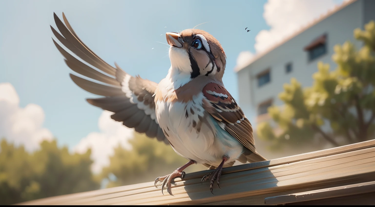 A small sparrow began practicing daily, flapping his wings with all his might, cartoon style